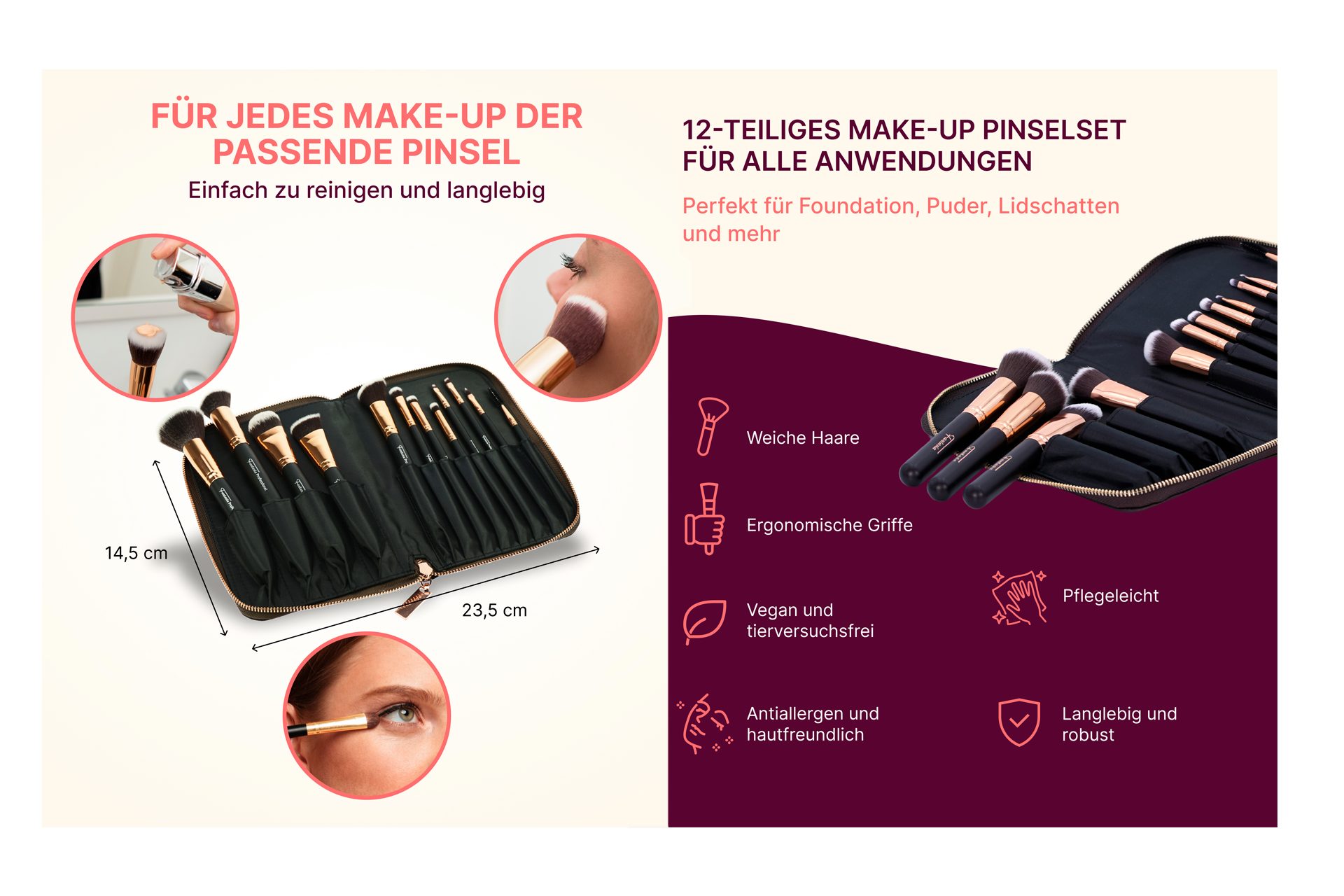 Fantasia Beauty Kosmetikpinsel-Set Pinsel-Set 12-tlg. mit Synthetic Haar, Schwarz-Kupfer in Tasche, Vegan