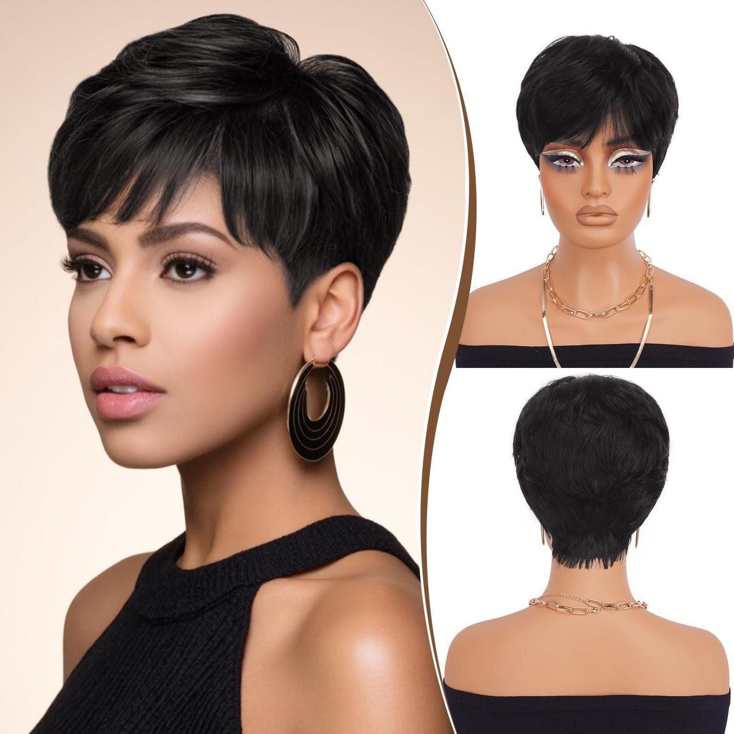 LuxusKollektion Echthaarperücke Perücke Pixie Cut Echthaar Gewellt Schwarze Frauen 244 1B