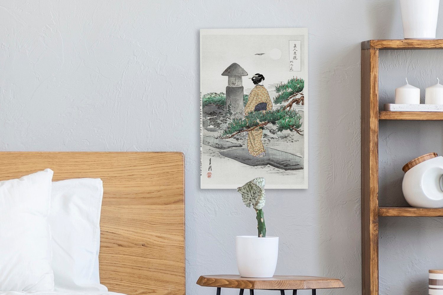 St), fertig - - Zackenaufhänger, cm Frau OneMillionCanvasses® - Gemälde, inkl. Japan Natur Garten, Kimono Leinwandbild - bespannt (1 20x30 Leinwandbild