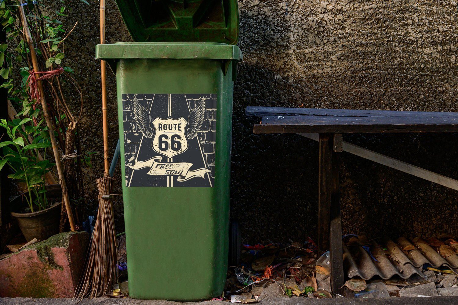 66 MuchoWow (1 Schwarz Weiß Sticker, Mülltonne, - Container, Abfalbehälter Route Wandsticker - - Vintage St), Mülleimer-aufkleber,