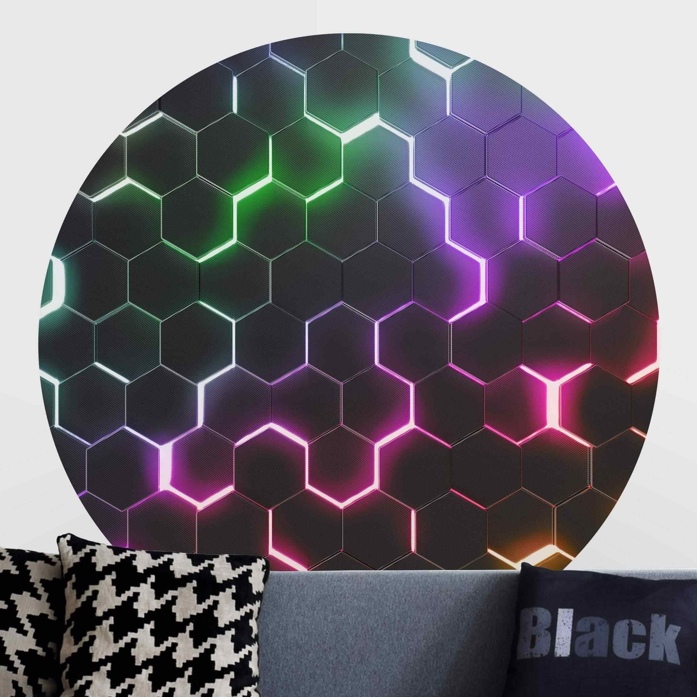 Bilderdepot24 3D-Tapete rund Gamer Hexagone Neonlicht Modern Kunst 3D-Effekt, Glatt, Matt, (Vliestapete selbstklebend), Wohnzimmer Schlafzimmer Küche Wandtattoo Motivtapete Klebe Wandtapete