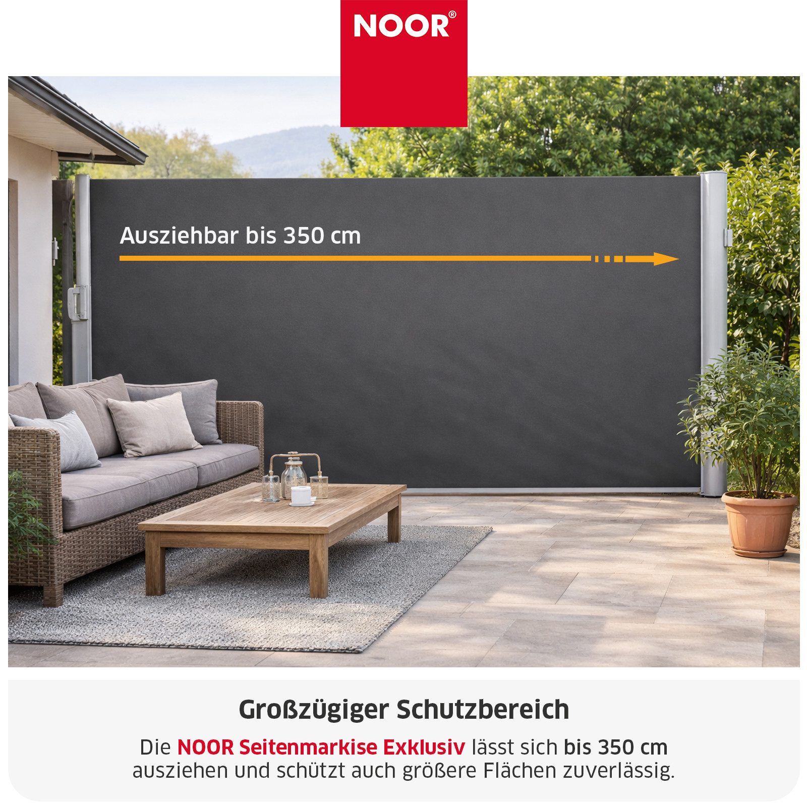 NOOR Seitenmarkise EXKLUSIV - ausziehbar - Sichschutz für Balkon, Terrasse & Garten UV-beständig, inklusive Montagematerial für Wand- und Bodenmontage