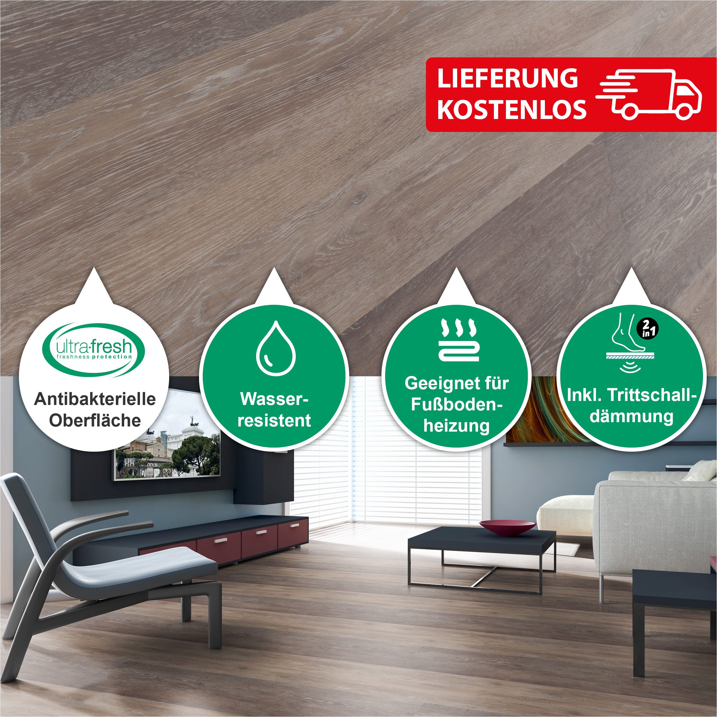 SLY Vinylboden Premium-Klick-Vinylboden inkl. Tritschalldämmung, Packung mit 1,81 m², Versandkostenfreie Lieferung, Inkl. Trittschalldämmung, Wasserfest, mit Klicksystem