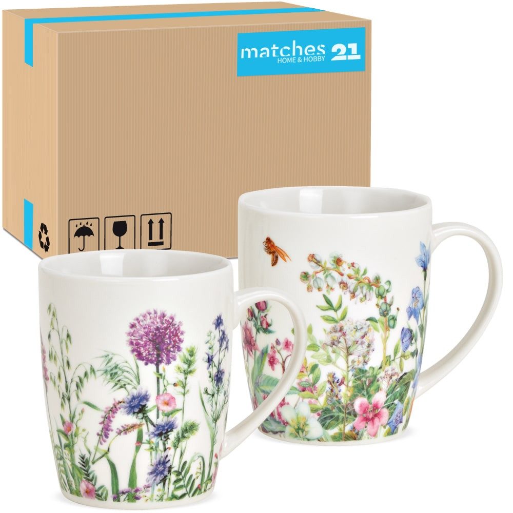 matches21 HOME & HOBBY Tasse Kaffeetassen 36er Set Blumen Bienen Frühling Sommer, 36-tlg., Porzellan, Tee Kaffee-Becher Vintage weiss bunt 300 ml