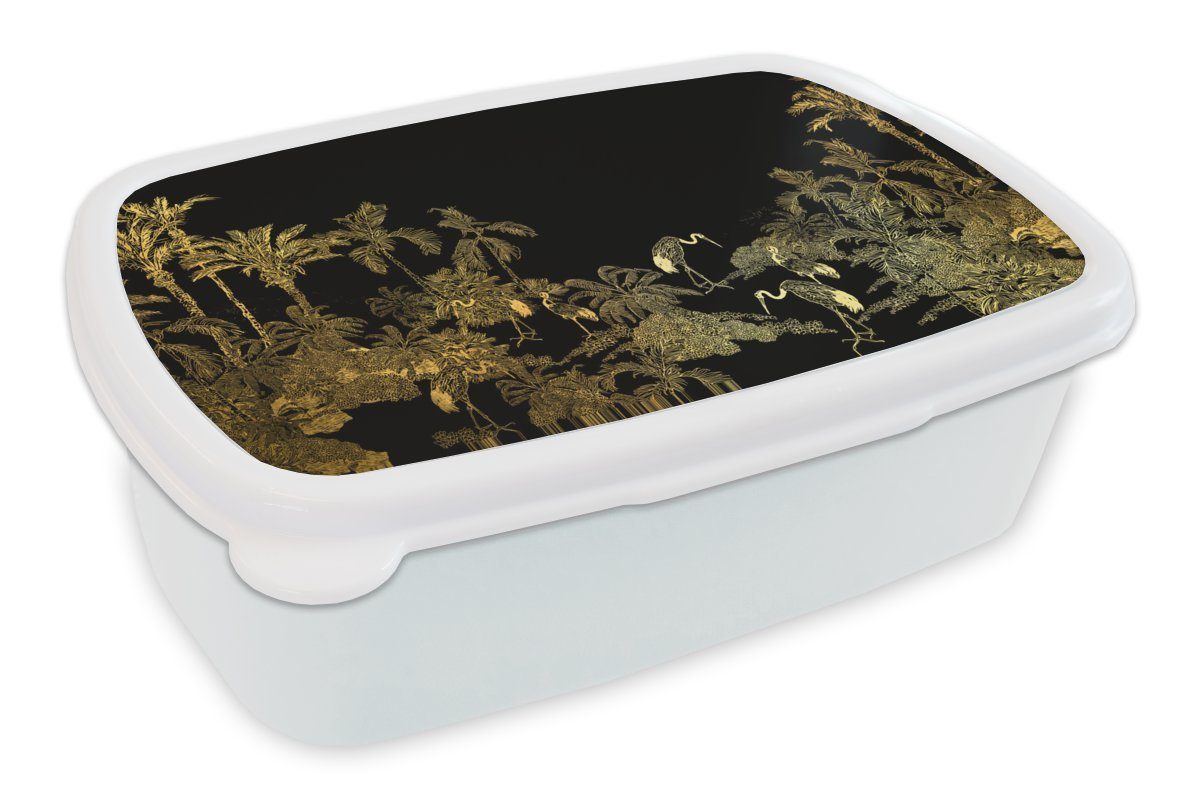MuchoWow Lunchbox Dschungel - Vögel - Gold - Luxus, Kunststoff, (2-tlg), Brotbox für Kinder und Erwachsene, Brotdose, für Jungs und Mädchen weiß