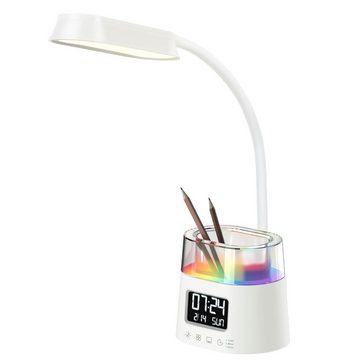 WILIT Schreibtischlampe Kinder Schreibtischlampe LED Nachttischlampe Touch mit Stifthalter, LED fest integriert, mit Stifthalter, Uhr und Kalender, mit Atmosphärenlicht Farbwechsel RGB