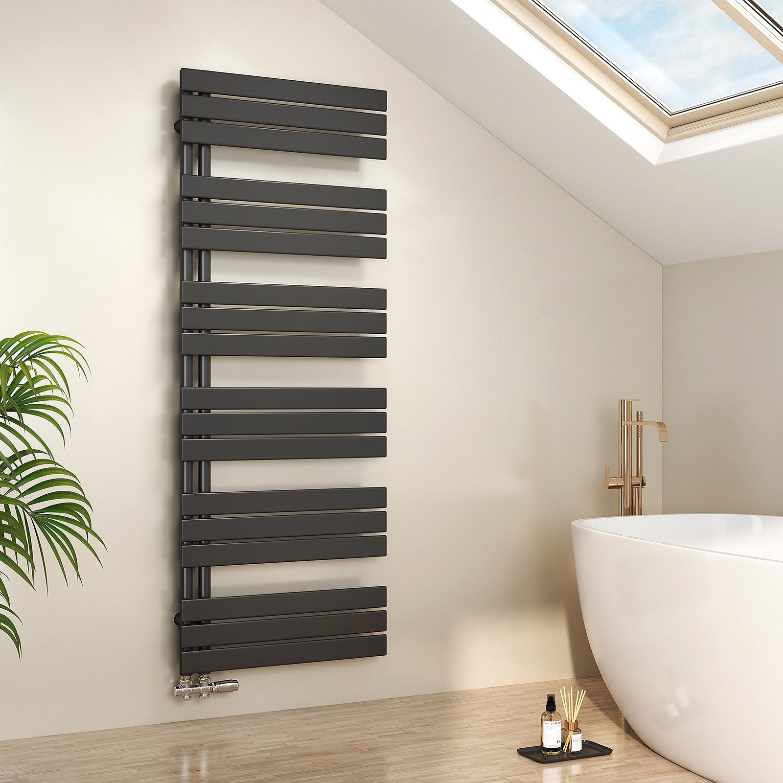 EMKE Paneelheizkörper Schwarz Flach Badheizkörper Design Handtuchtrockner, 159.9x60cm 958W Bad Warmwasser ohne Multiblock Seitenanschluss