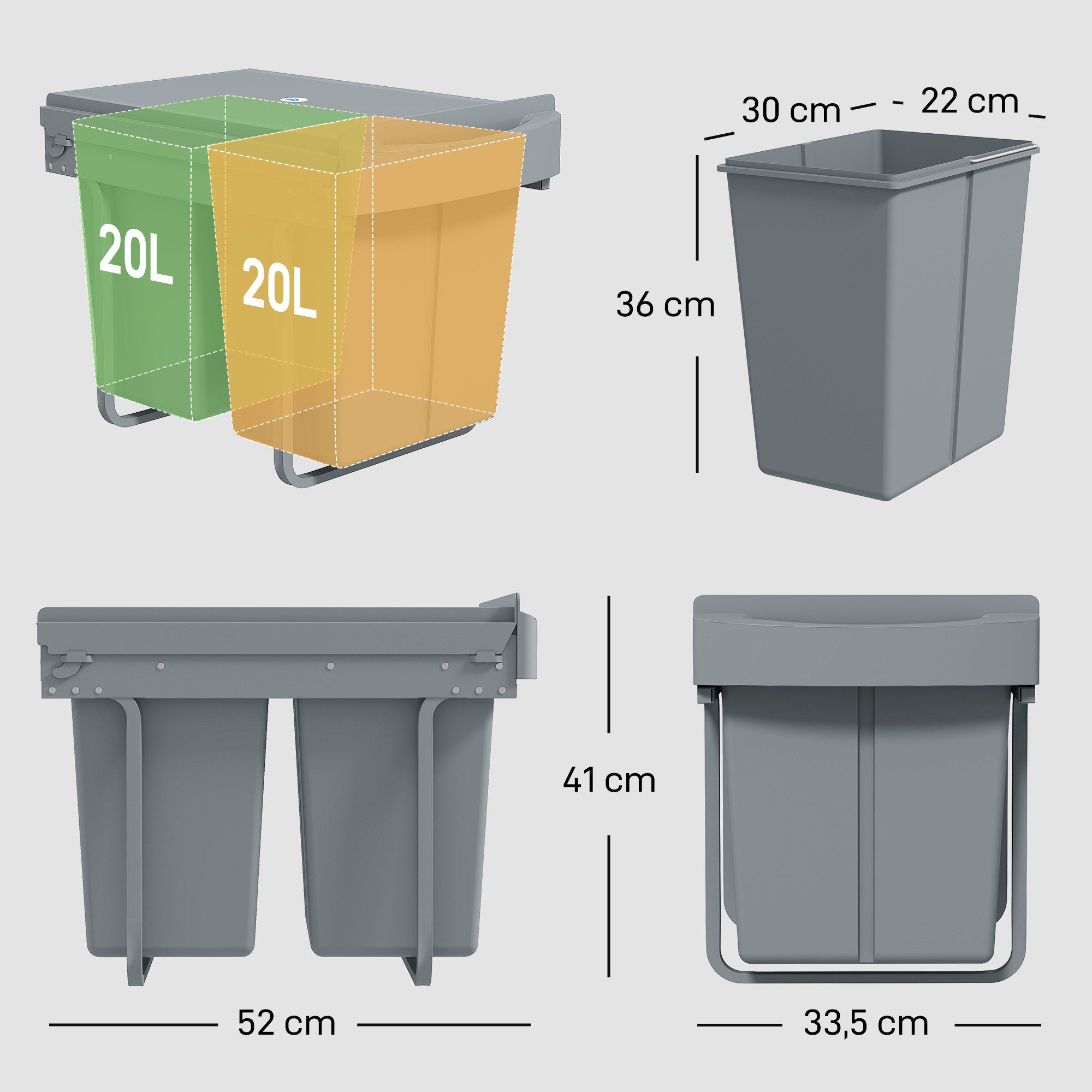 HOMCOM Einbaumülleimer Abfallsammler Ausziehbar 20 L+10 L+10 L, 3 herausnehmbaren Fächern, Doppelbehälter, Grau