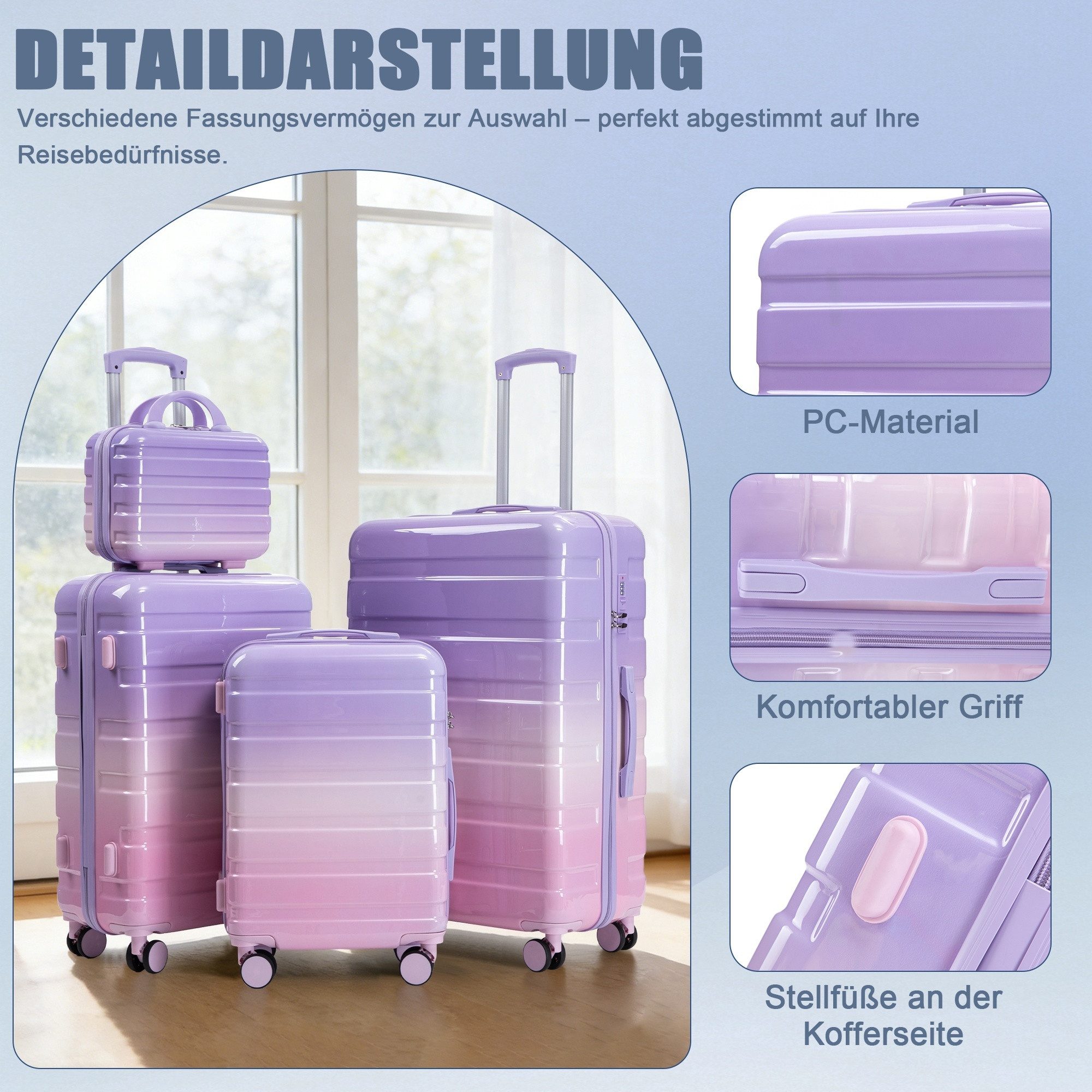 LVHOM Hartschalen-Trolley Handgepäck-Trolley&Koffer 2/4-St.14"/20"/24"/28", leise Rädern für Tour, Geschäftstrip, Familienurlaub, längere Erkundungen, Flughafen – Bild 4 von 5