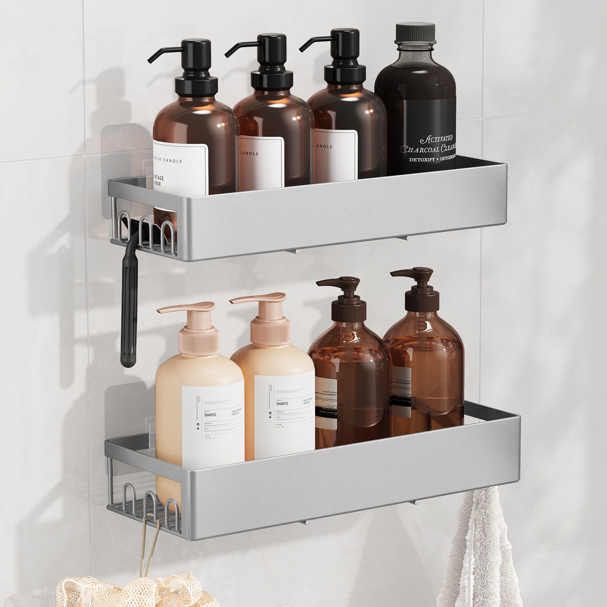 SONGMICS Duschablage Duschregal, ohne Bohren, rostfrei, aus Stahl, Shampoo Halterung, Badezimmer Organizer, 31,5 x 12,5 x 5 cm, 2er Set