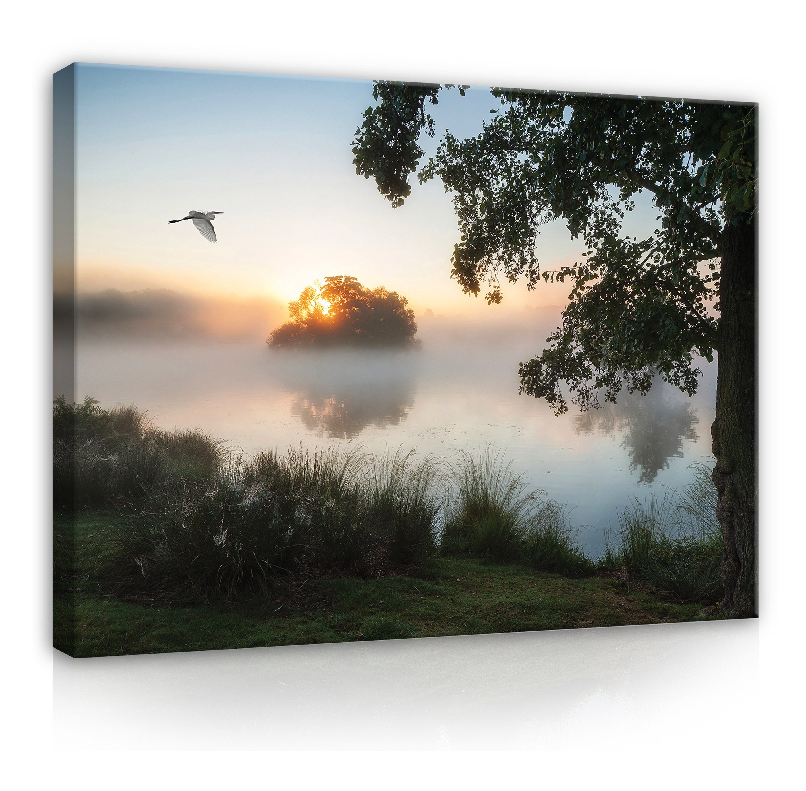 XXL Nebel Wald Landschaft Modern, Leinwandbild Wandbild Aufhängefertig Nebel im Leinwandbilder im Natur See (Einteilig), Wallarena See
