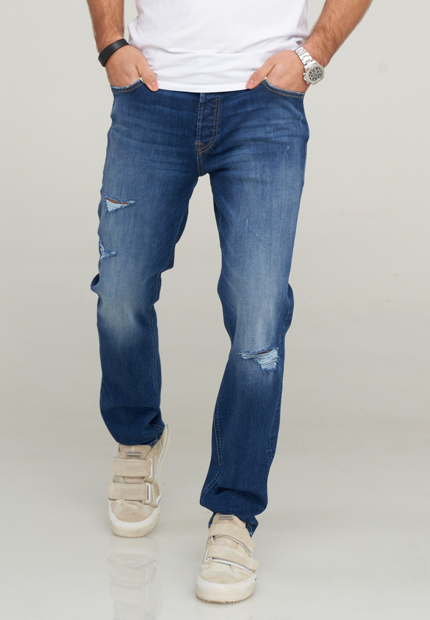 Jack & Jones Slim-fit-Jeans JJITIM JJARIS Herren Hose mit Destroyed Effekten
