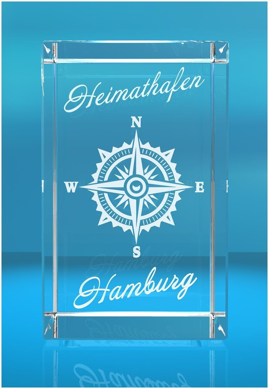 VIP-LASER Dekofigur 3D Glasquader I Hamburg I Windrose mit Text Heimathafen, Hochwertige Geschenkbox, Made in Germany, Familienbetrieb
