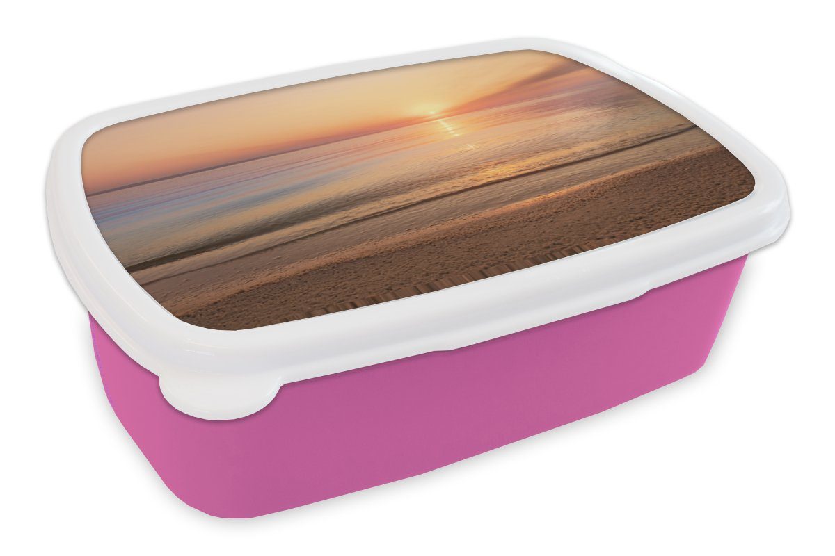 MuchoWow Lunchbox Strand - Meer - Rosa - Sonnenuntergang, Kunststoff, (2-tlg), Brotbox für Erwachsene, Brotdose Kinder, Snackbox, Mädchen, Kunststoff