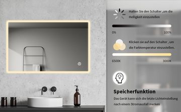 WDWRITTI Spiegel Bad groß 100x60 Badspiegel Led mit Beleuchtung Touch Wandschalter (wandspiegel groß, Helligkeit dimmbar, Speicherfunktion), 3000/4000/6500K, Vertikal Horizontal, IP44