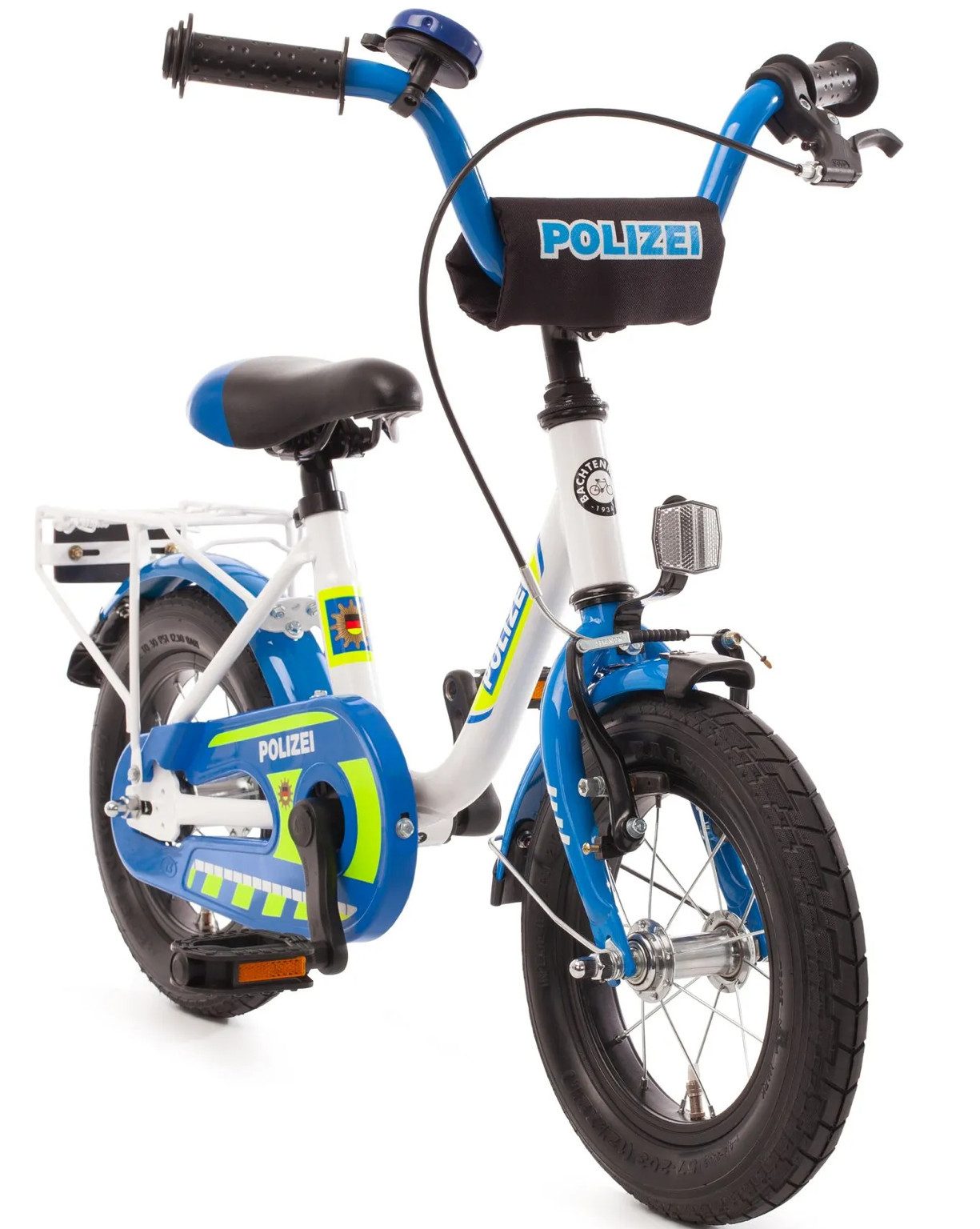 Bachtenkirch Kinderfahrrad 12 Zoll Polizei Fahrrad mit Rücktrittbremse Polizeifahrrad ab 3 Jahre, 1 Gang, Ständer, Klingel, Gepäckträger