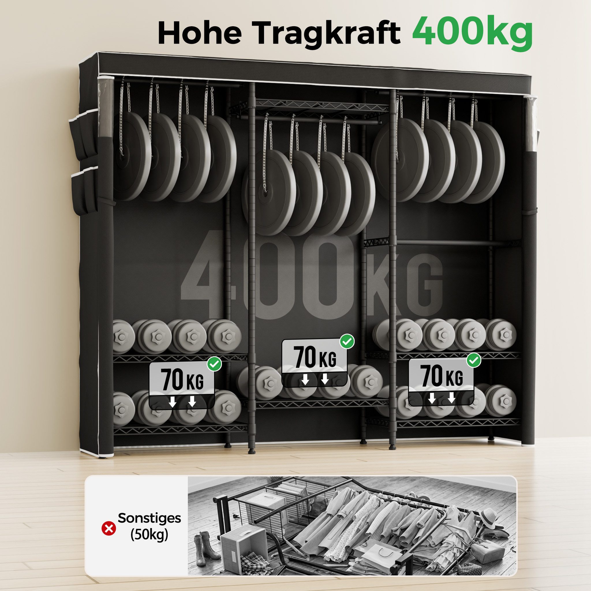 Mondeer Kleiderschrank Garderobenständer mit Staubschutzhülle (40 x 175 x 180 cm) mit Sichtfenster, 8 Ablagen, 4 Kleiderstangen, bis 70 kg pro Ebene – Bild 5 von 5