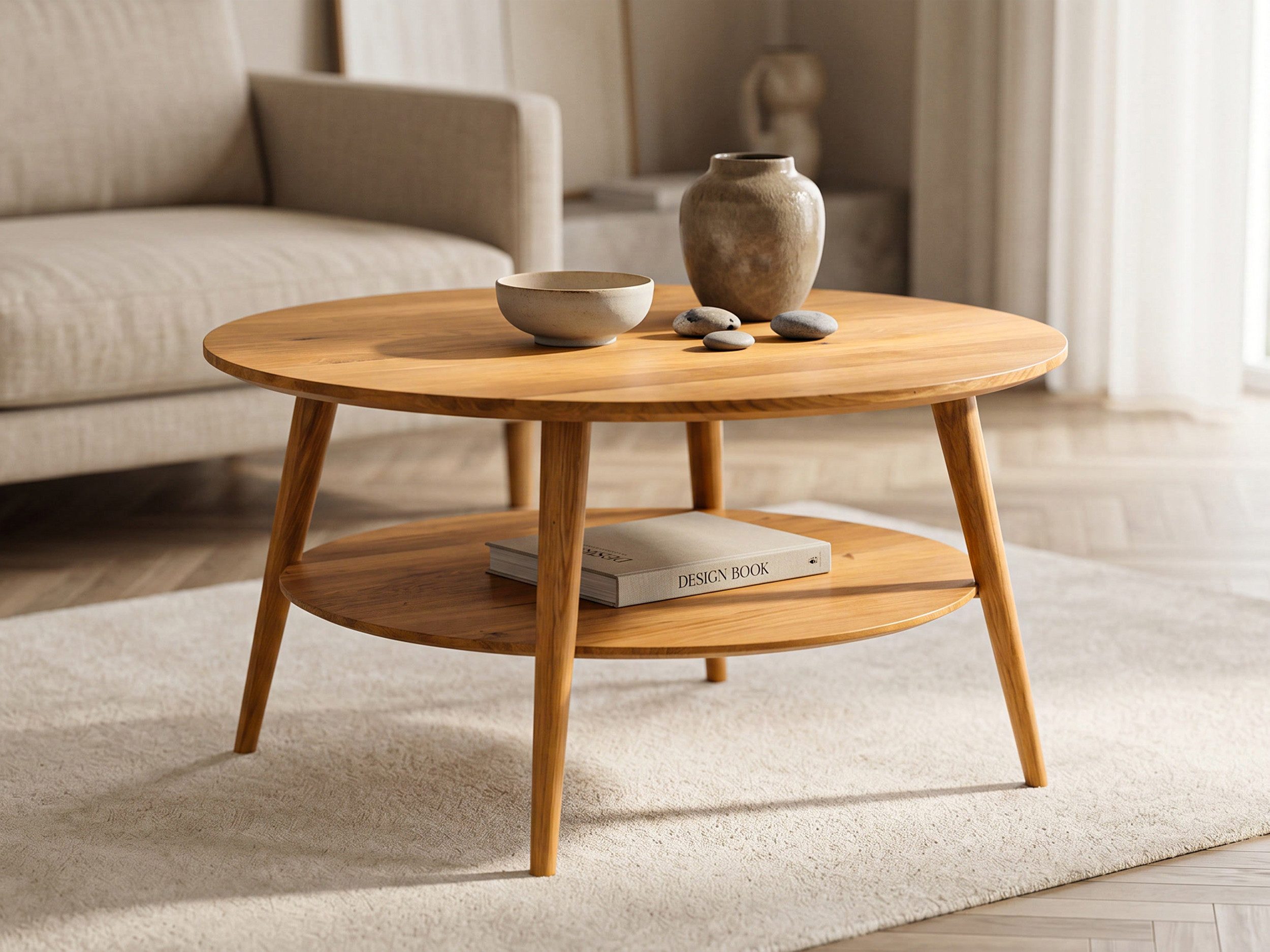 Massivart® Couchtisch Wohnzimmertisch, rund 80 cm, Wildeiche massiv geölt »STELLA«, Massivholz · runde Tischplatte · 2 Ablageflächen · Stauraum