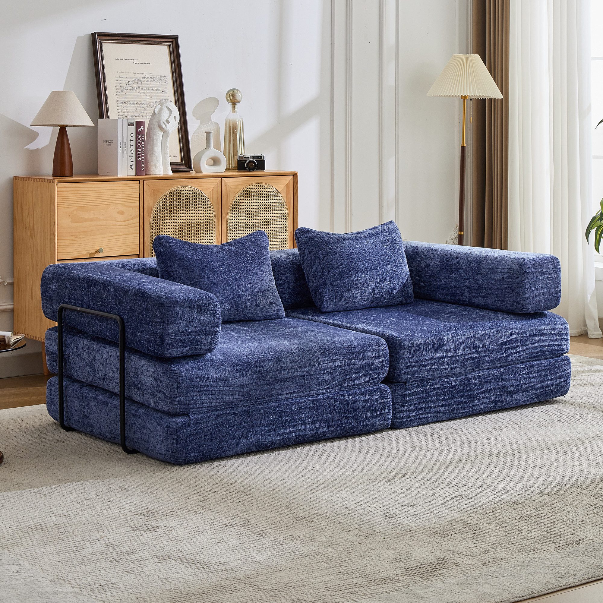 Vankel Sofa Sofas Wohnzimmer, 2-Sitzer Sofa mit Schlaffunktion Chenille, Modulares Schlafsofa, faltbar, bequem und ohne Montage