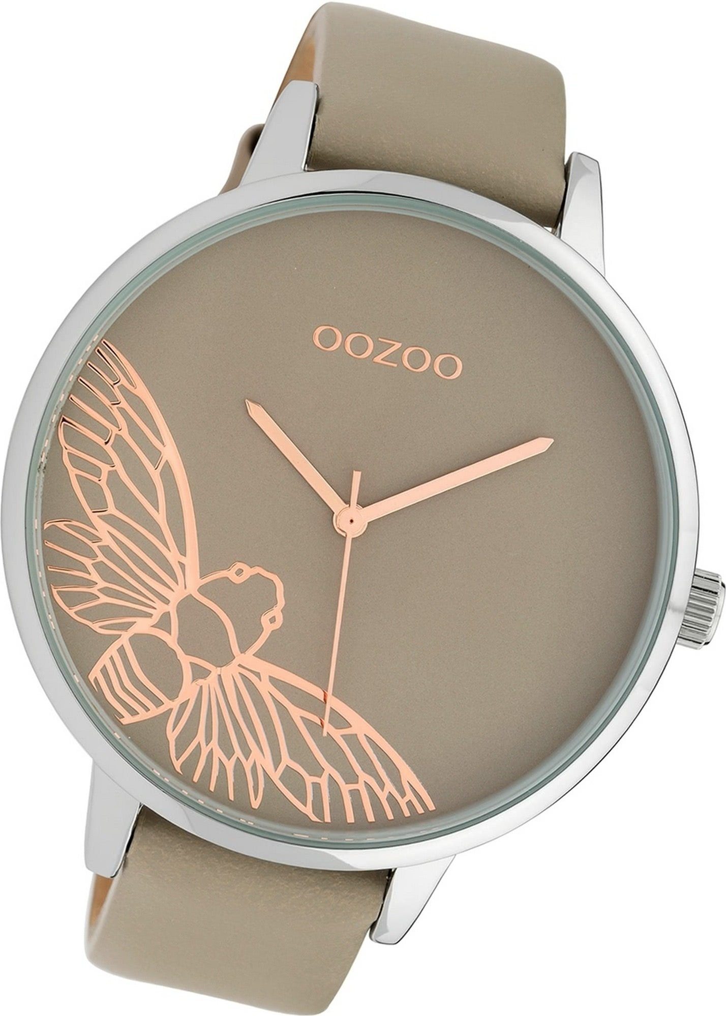 OOZOO Quarzuhr Oozoo Leder Damen Uhr C10077 Analog, (Analoguhr), Damenuhr  Lederarmband braun, beige, rundes Gehäuse,extragroß (ca 48mm)