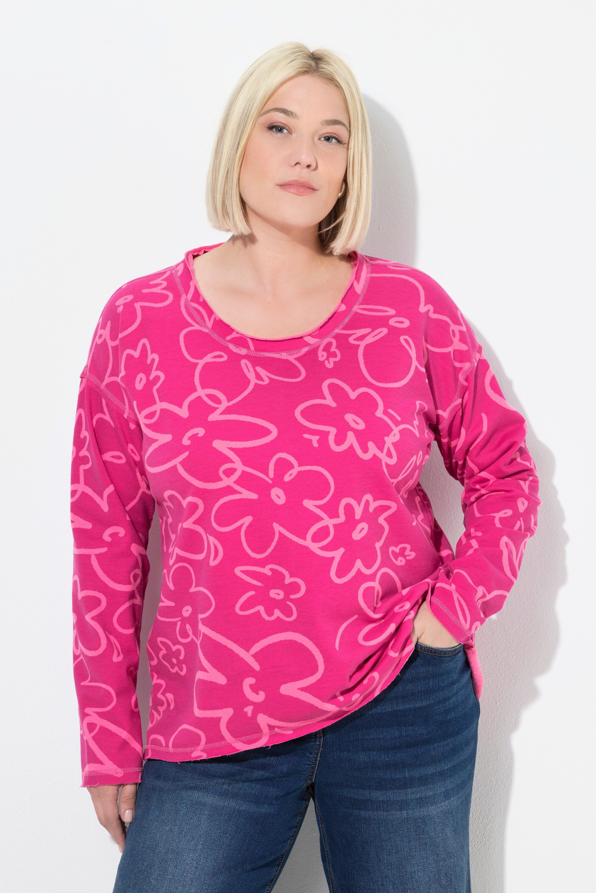 Ulla Popken Sweatshirt Sweatshirt Blüten Rundhals Langarm Rollkanten