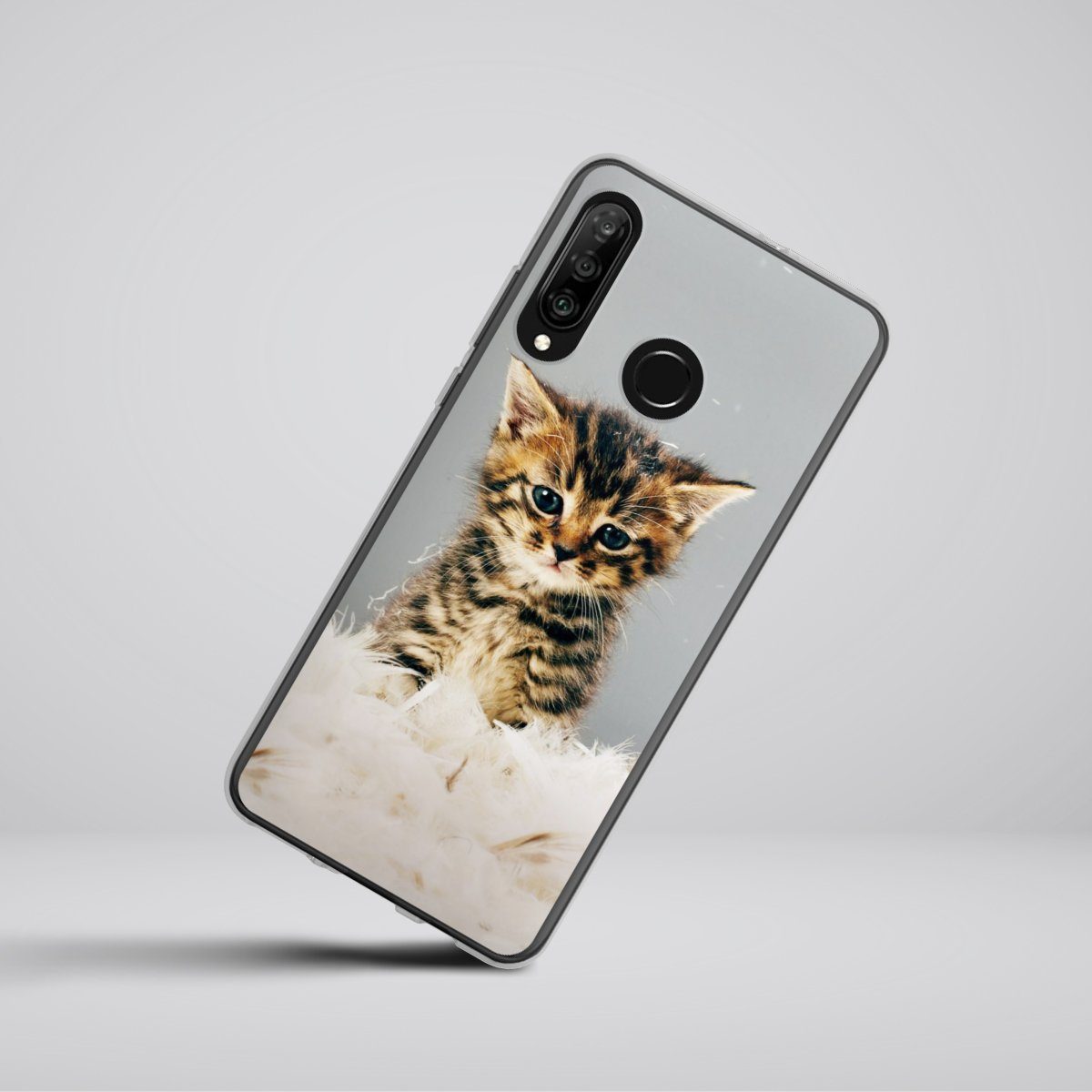 DeinDesign Handyhülle Katze Haustier Feder Kitty, Huawei P30 Lite Premium Silikon Hülle Bumper Case Handy Schutzhülle