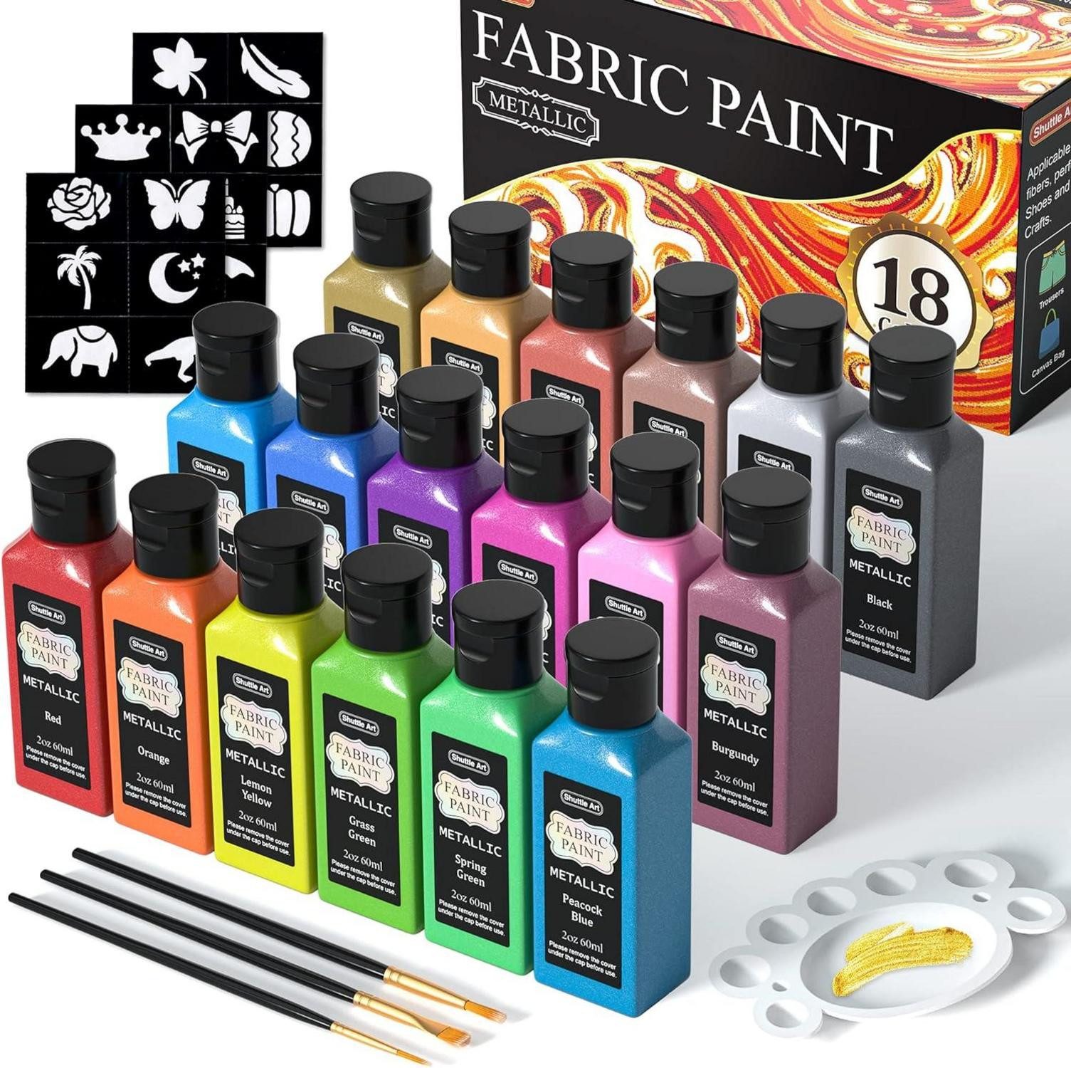 Shuttle Art Textilmarker Textilfarben Set 18 waschfeste Stoffmalfarben 60ml für Kinder DIY