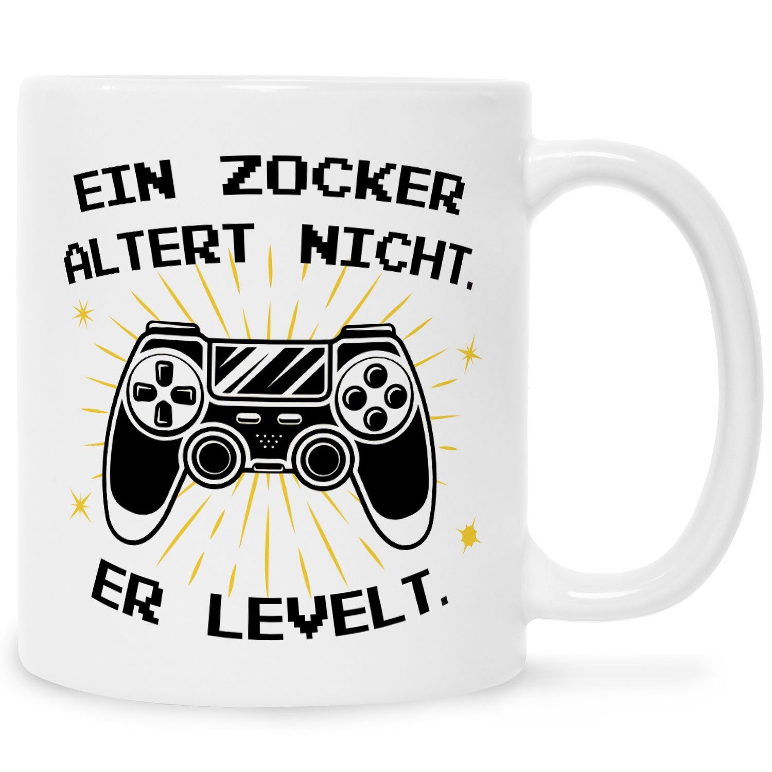 GRAVURZEILE Tasse mit Spruch - Ein Zocker altert nicht er levelt, Keramik, Farbe: Weiß