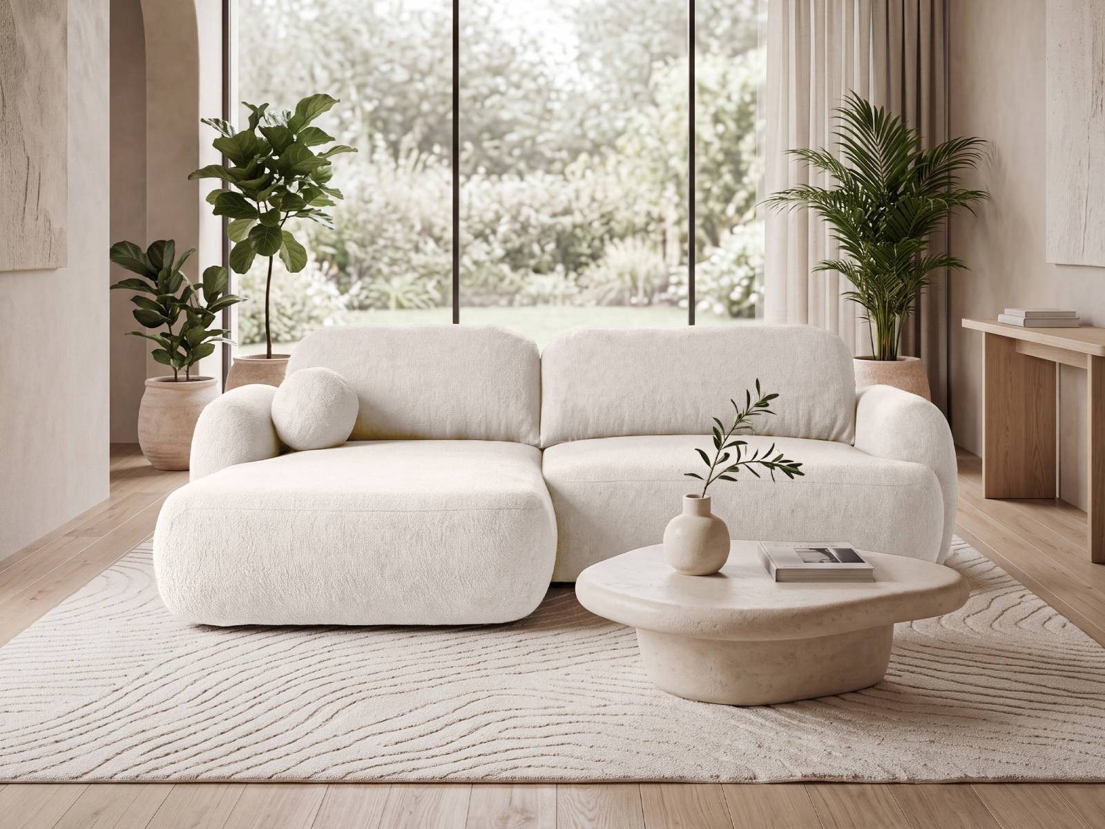 yourhouse24 Ecksofa OLLY in Bouclé mit Schlaffunktion & Bettkasten – Abgerundetes Design