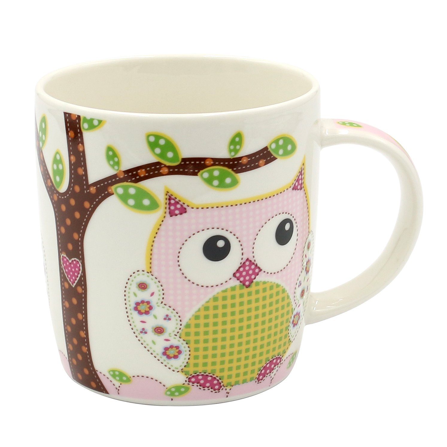 Dekohelden24 Tasse 2er Set Kaffeebecher Kaffeetasse aus Porzellan - Motiv: bunte Eulen, 2-tlg., Porzellan