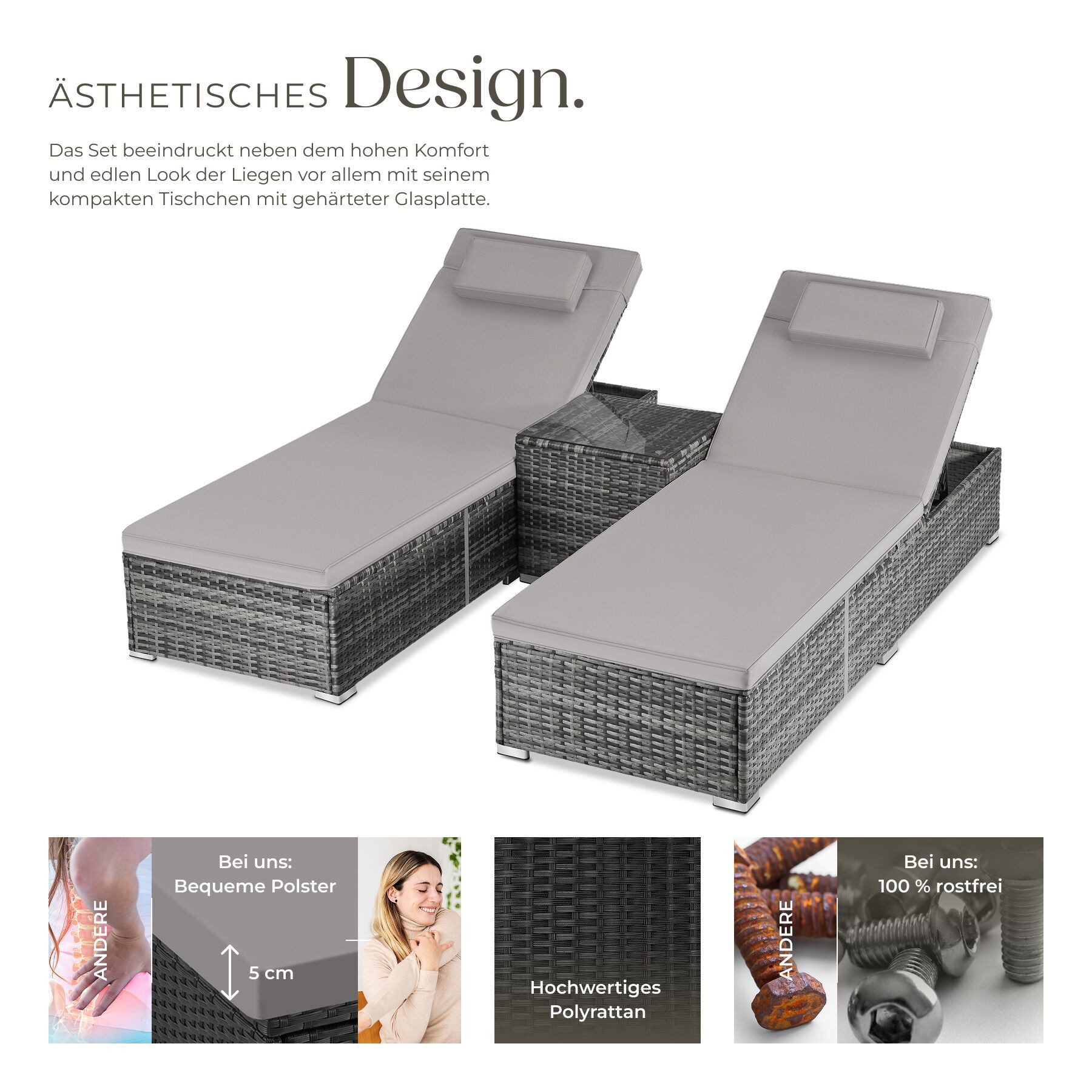 tectake Gartenliege Rattan-Doppelliege mit Tisch, mit abnehmbaren Kopfpolstern, Sonnenliege Carbonera, 1 St., in grau, wetterfest und UV-beständig, Belastbarkeit je 200 kg, verstellbar