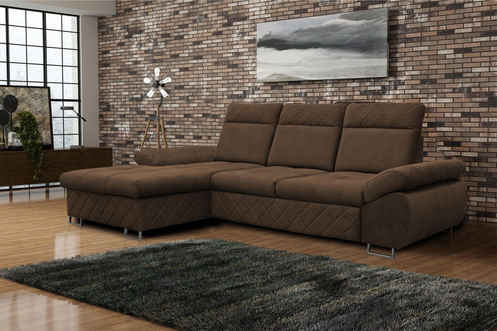 Ecksofa Textil JVmoebel Polstermöbel, Ecksofa Bettfunktion Braune Wohnzimmer L-Form Sofas Couch Mit