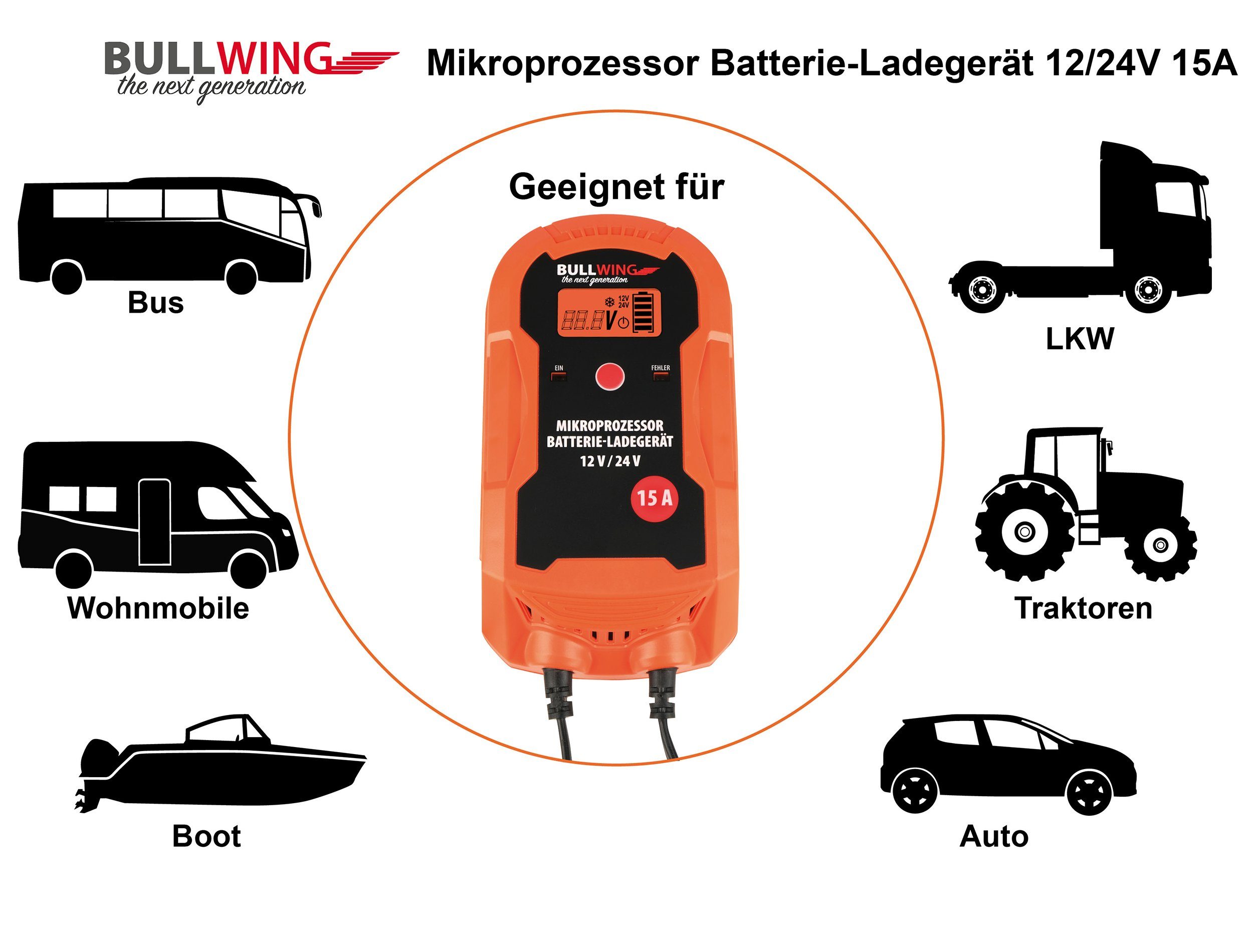 Bullwing Batterieladegerät Mikroprozessor 12/24V 15A LKW Bus Boot Traktor  Vollautomatisches 9-stufige Ladegerät Orange