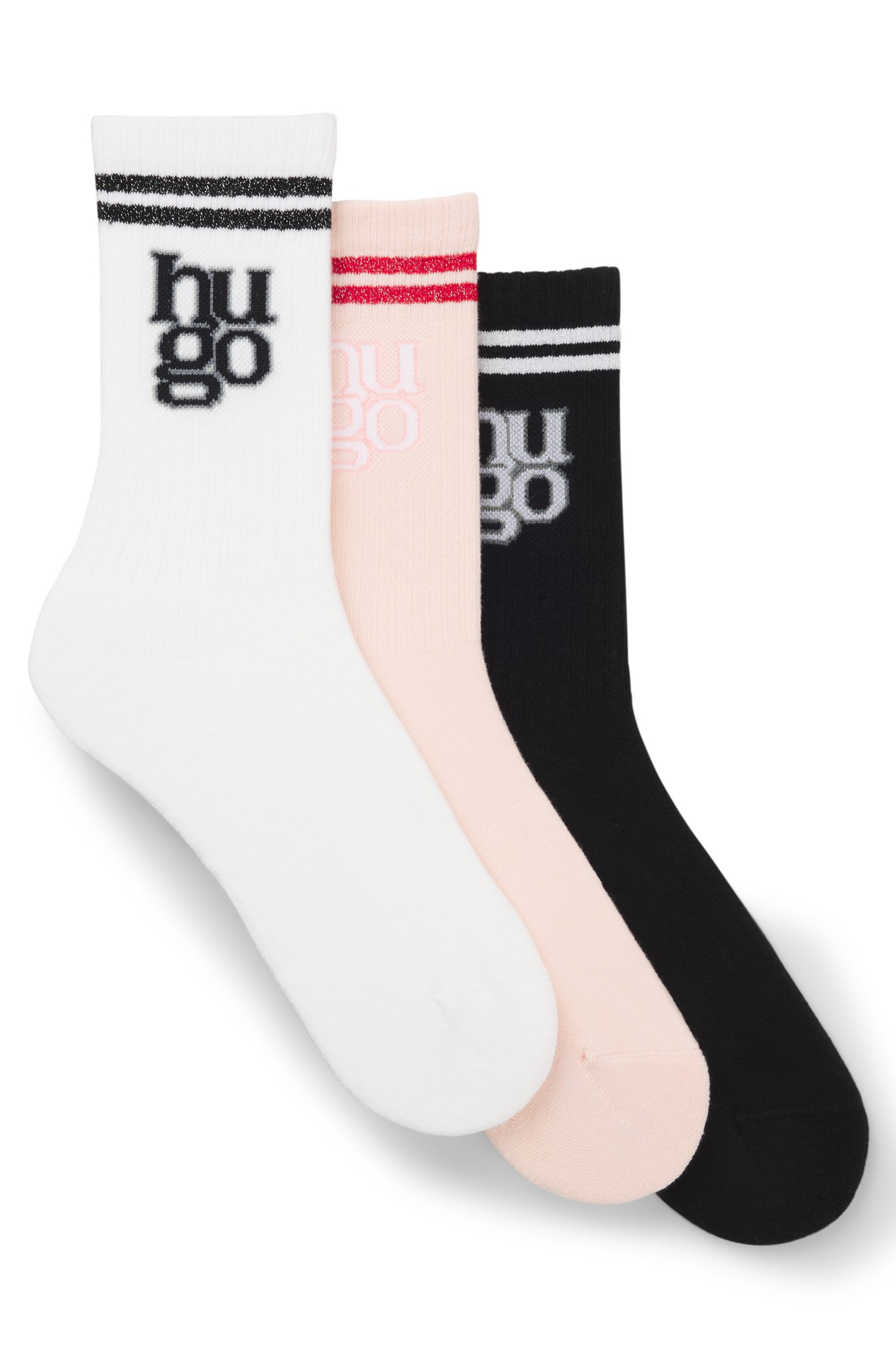 HUGO Socken (Packung, 3-Paar) Logo mit Used-Look, Rippstrick, Verstärkter Fersen- und Zehenbereich