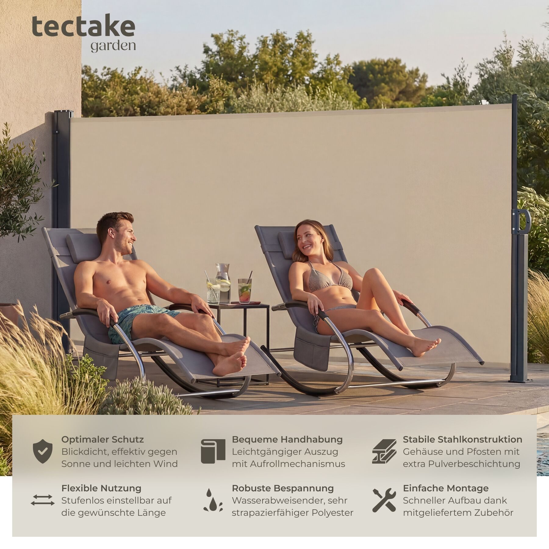 tectake Seitenarmmarkise Garten Sichtschutz ausziehbar - blickdicht und wetterfest (Balkonmarkise, in Beige) automatischer Aufrollmechanismus