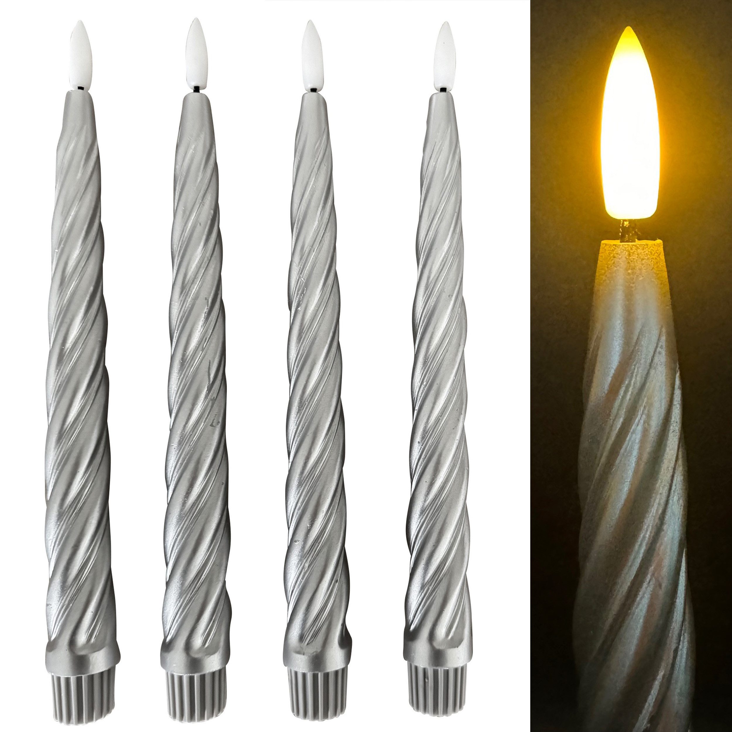 Online-Fuchs LED-Kerze 4 LED Stabkerzen im Set aus Echtwachs im TWIST Design (Metallic Rot, Silber Grün und Champagner), Inkl. Fernbedienung und Timer - 224