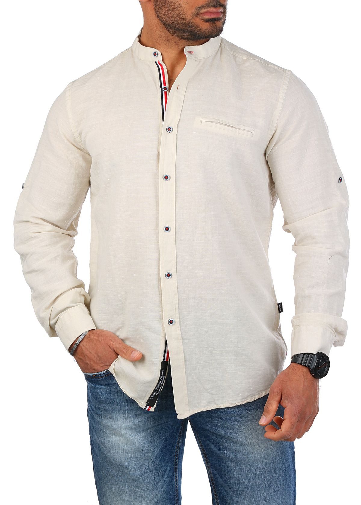 CARISMA Langarmhemd Herren Baumwoll Leinen Mix Hemd einfarbig körperbetont günstig online kaufen