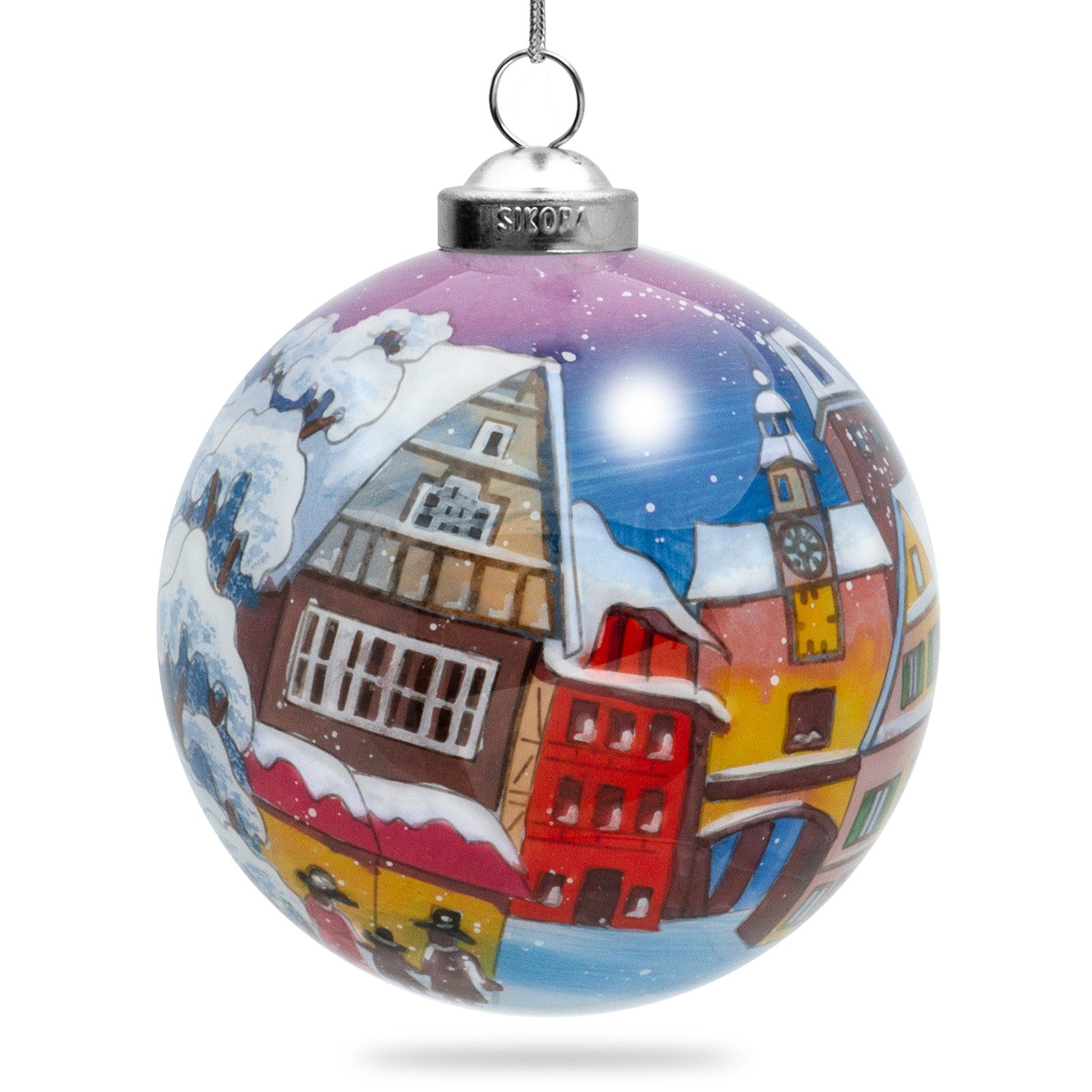 SIKORA Christbaumschmuck K08-87 Winterdorf Weihnachtskugel Innenglasmalerei D: 7,5 cm