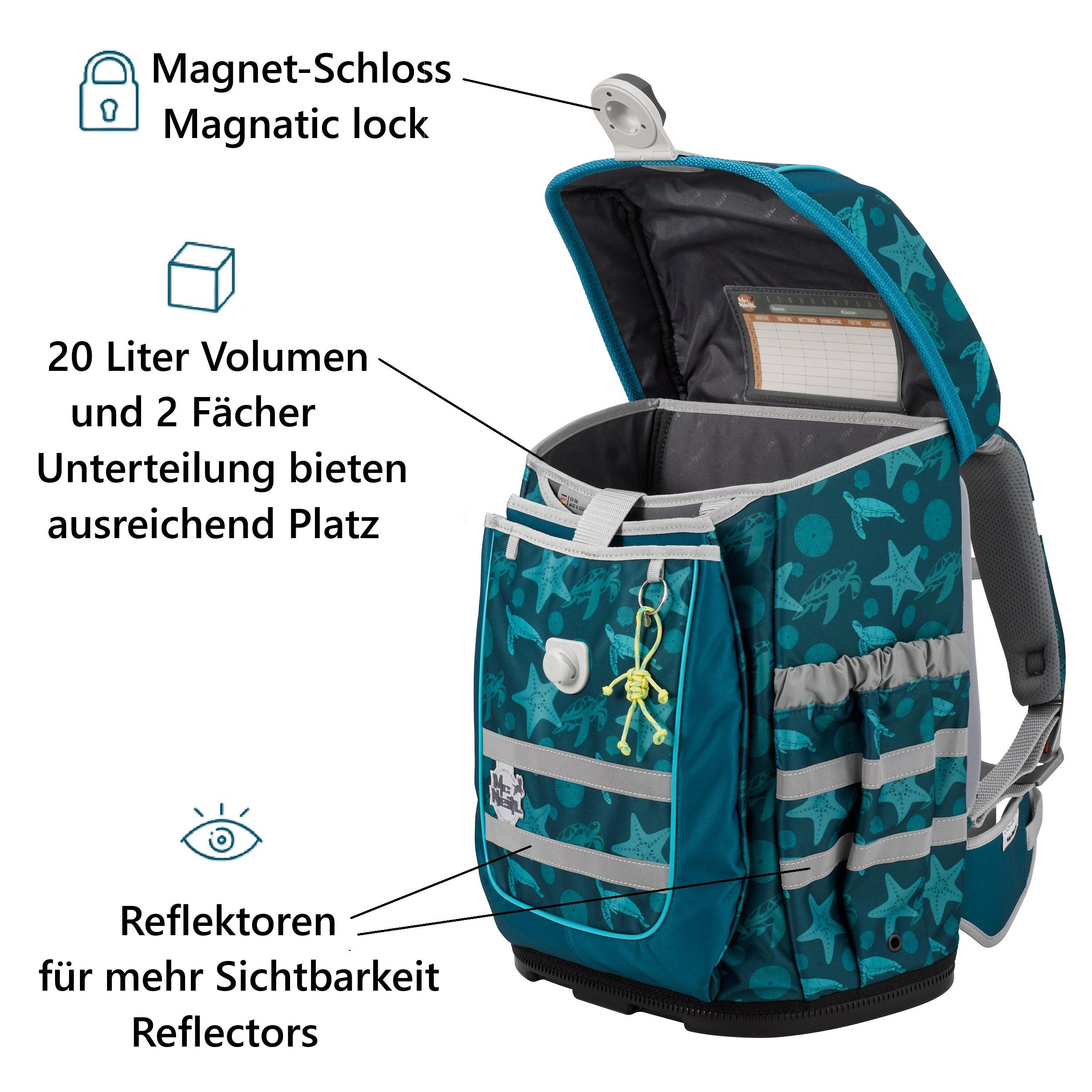 McNeill Schulranzen McOcean SEALIFE Schultasche 1. bis 4. Klasse (Set, 6-tlg., inkl. Federmäppchen gefüllt und Regen-/Sicherheitshülle), Schultasche 1. Klasse für Jungen und Mädchen; Meeres-Tiere Wal