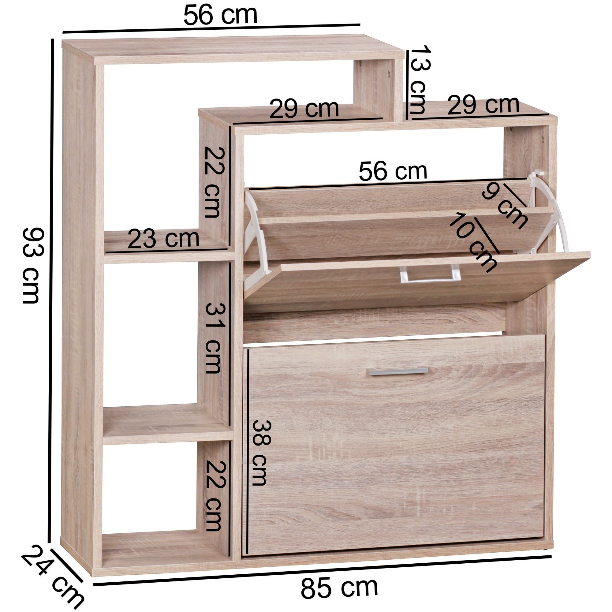 FINEBUY Schuhkipper FB45127 Holz 2 Fächer Sonoma 12 Paar Schuhe Schuhschrank (85x24x93 cm, Schuhschrank Sonoma Eiche Modern), Schuhregal mit Ablage, Flurschrank Schuhkommode