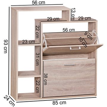 Wohnling Schuhkipper WL1.793 (85x24x93 cm, Schuhschrank Sonoma Eiche Modern), Schuhregal mit Ablage, Flurschrank Schuhkommode