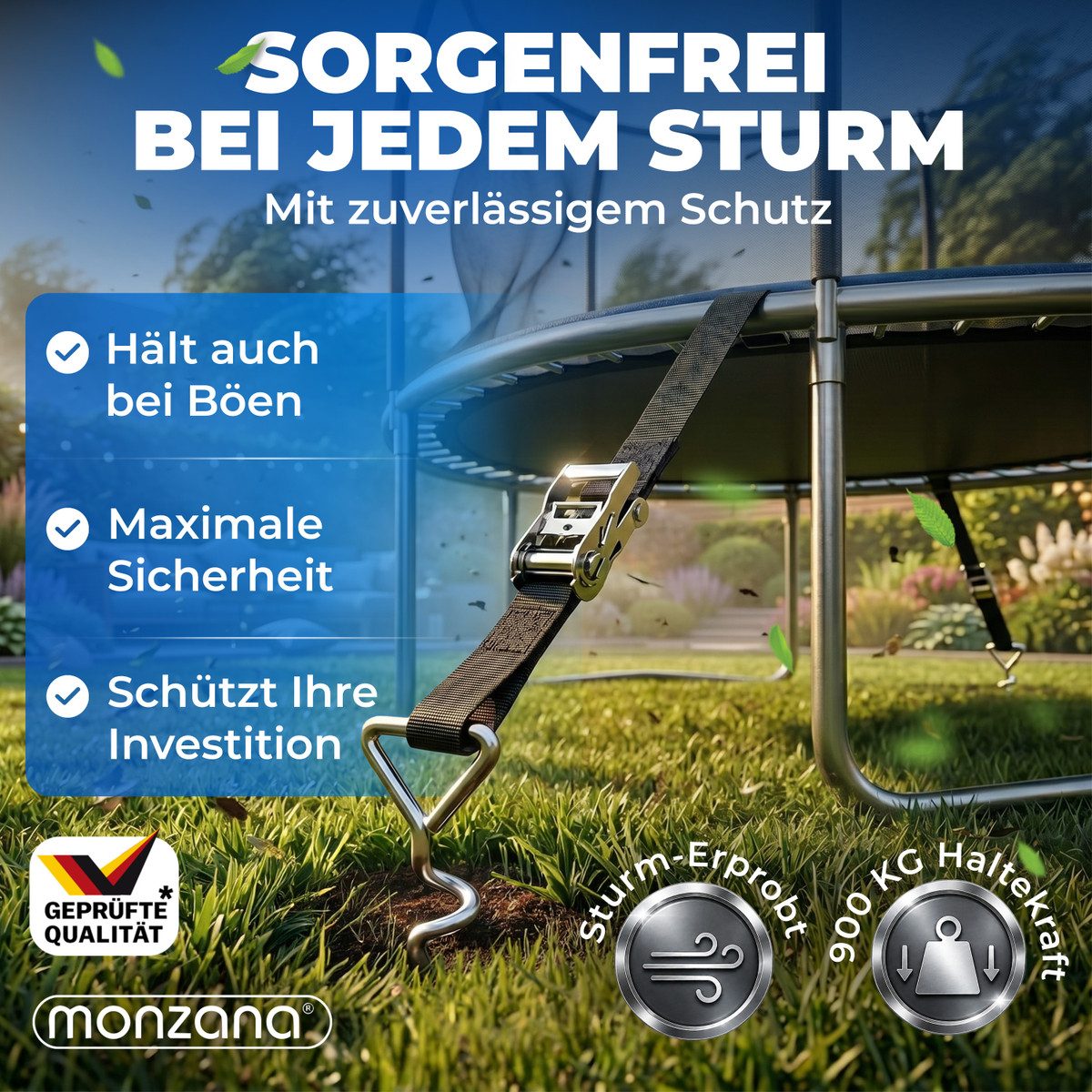 monzana Spanngurt (8-St) 4 Bodenanker Trampolin 900kg Verstellbare Gurte Erdanker Befestigung