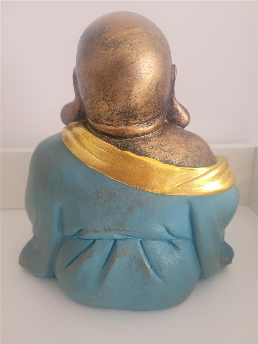 Geschenkestadl Buddhafigur Lachender dicker Buddha Figur 23cm gold türkis fröhlich sitzend