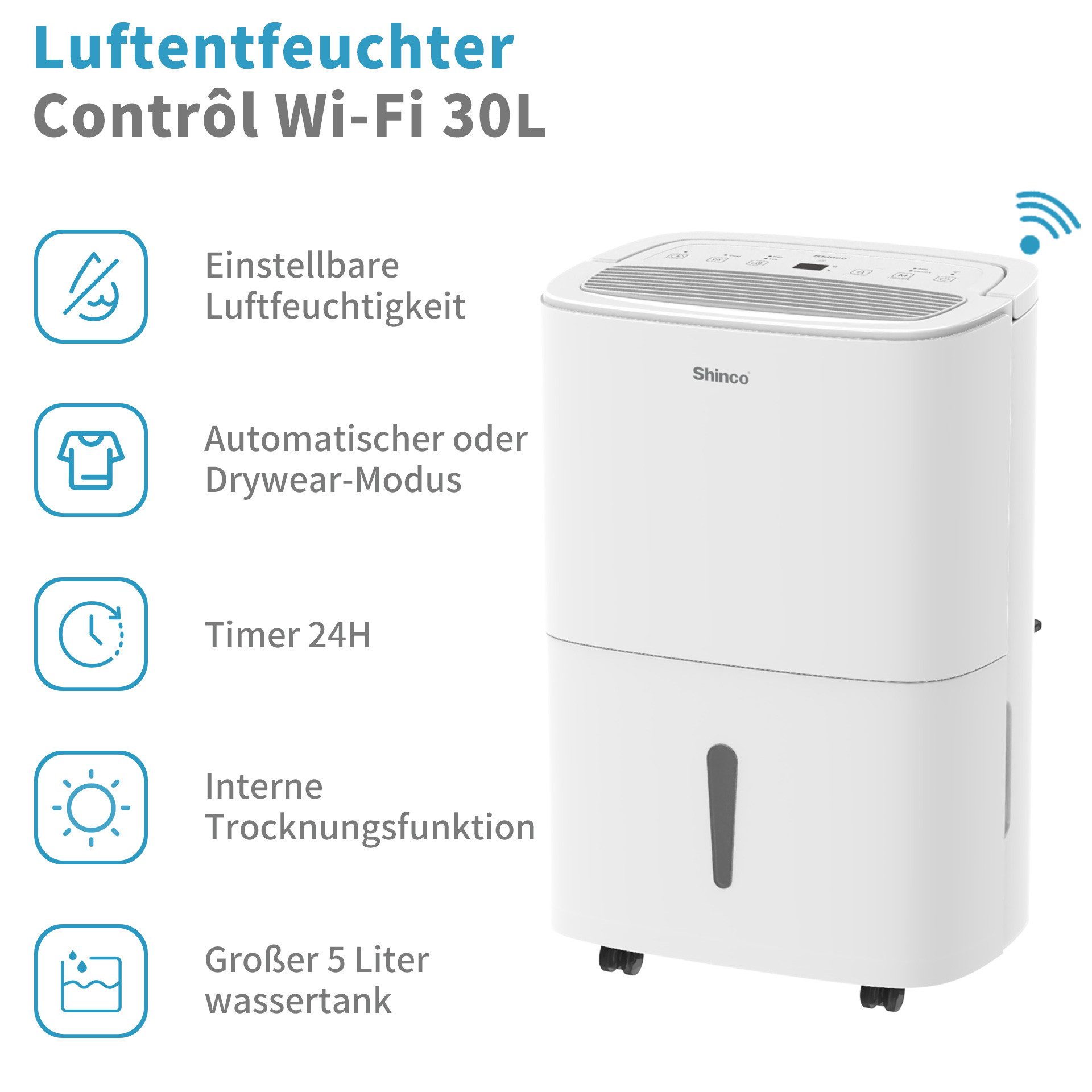 Shinco Luftentfeuchter Luftentfeuchter Elektrisch 30L, Entfeuchter für 105m³, Wifi, für 105 m³ Räume, Entfeuchtung 30 l/Tag, 30L elektrischer Luftentfeuchter, für 105m³, wifi, leise