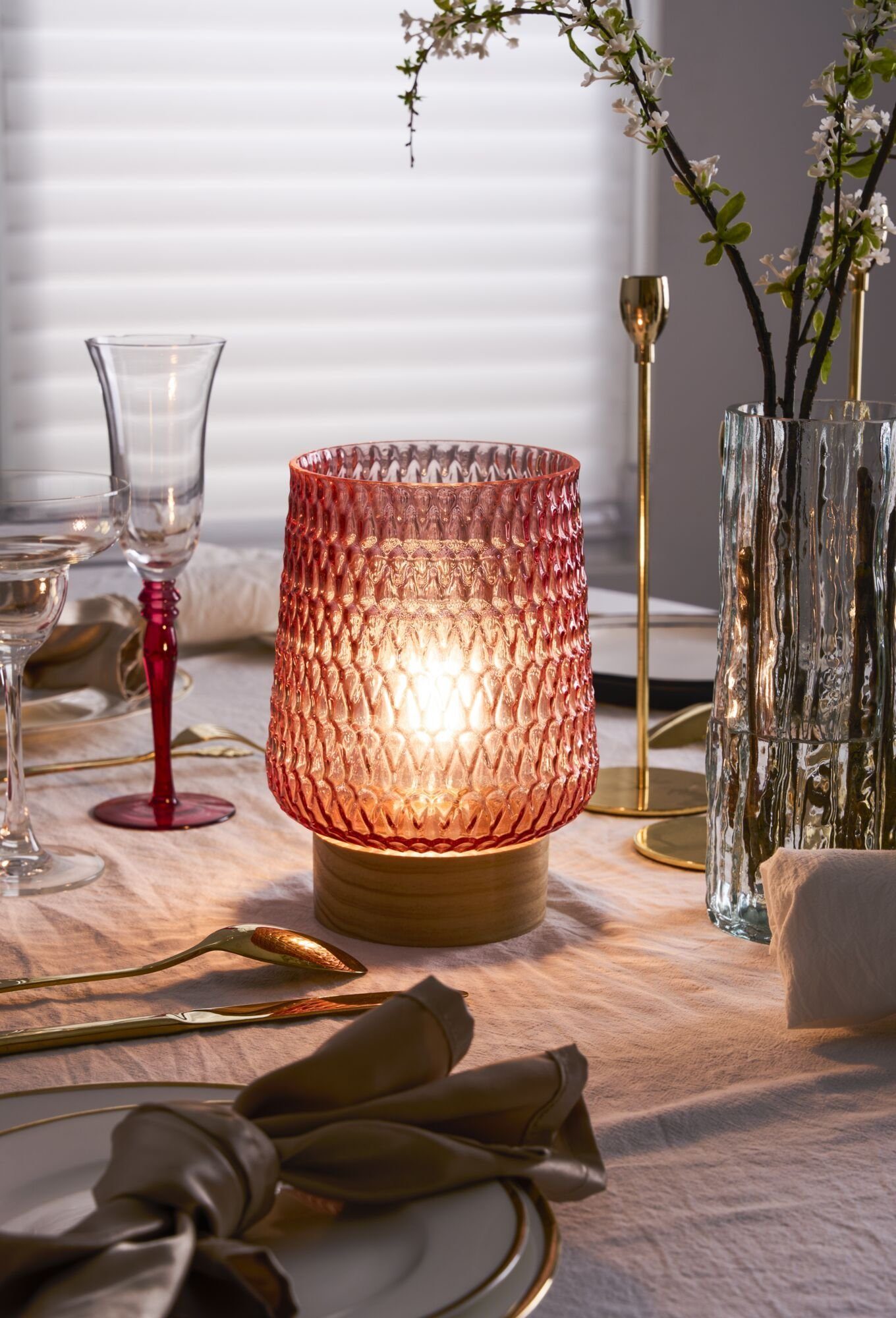 Pauleen LED Tischleuchte Rose Glamour mobile Rosa Glas/Holz, LED fest integriert, Warmweiß, E27, Timer Batterie