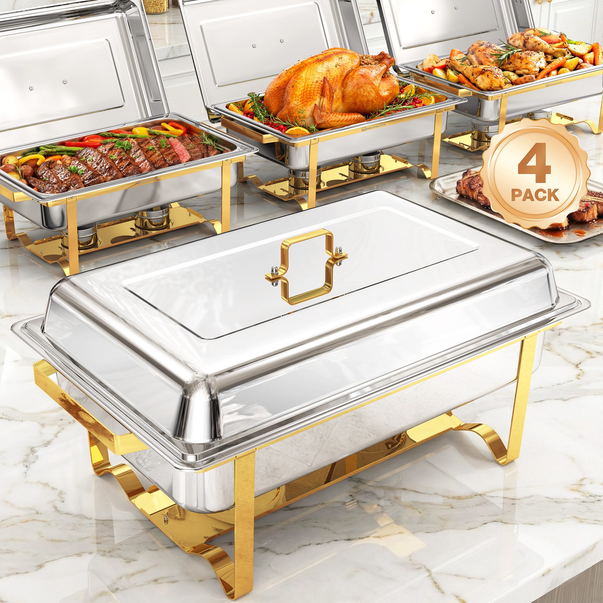 Warmounts Speisenwärmer, (4-tlg., 10L Buffetwärmer Chafing Dish Buffet Warmhalter-Set 11 QT Edelstahl), GN 1/1, stapelbar, mit Deckelhalter für Catering, Party, Events