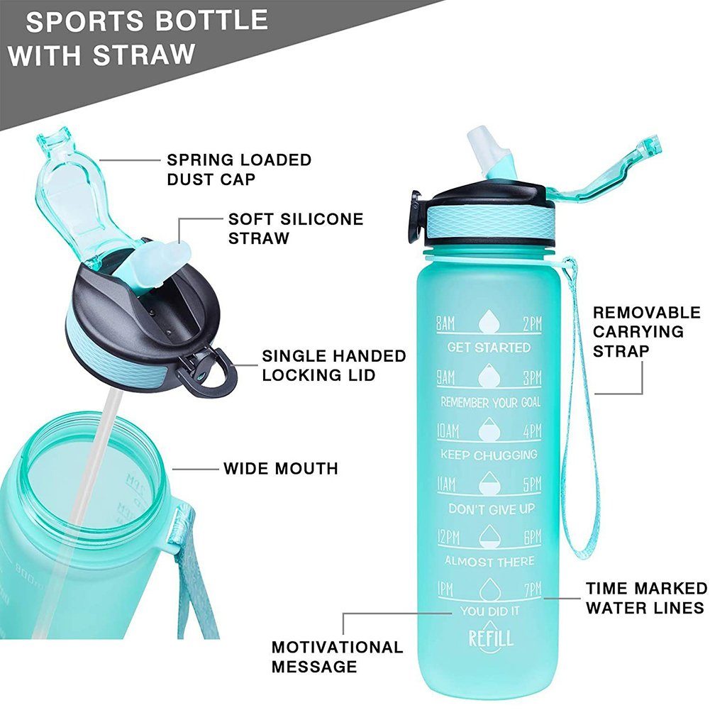 Bottle,mit Orbeet Trinkflasche Grün Trinkhalm, 1L Fassungsvermögen Sport Feldflasche Water