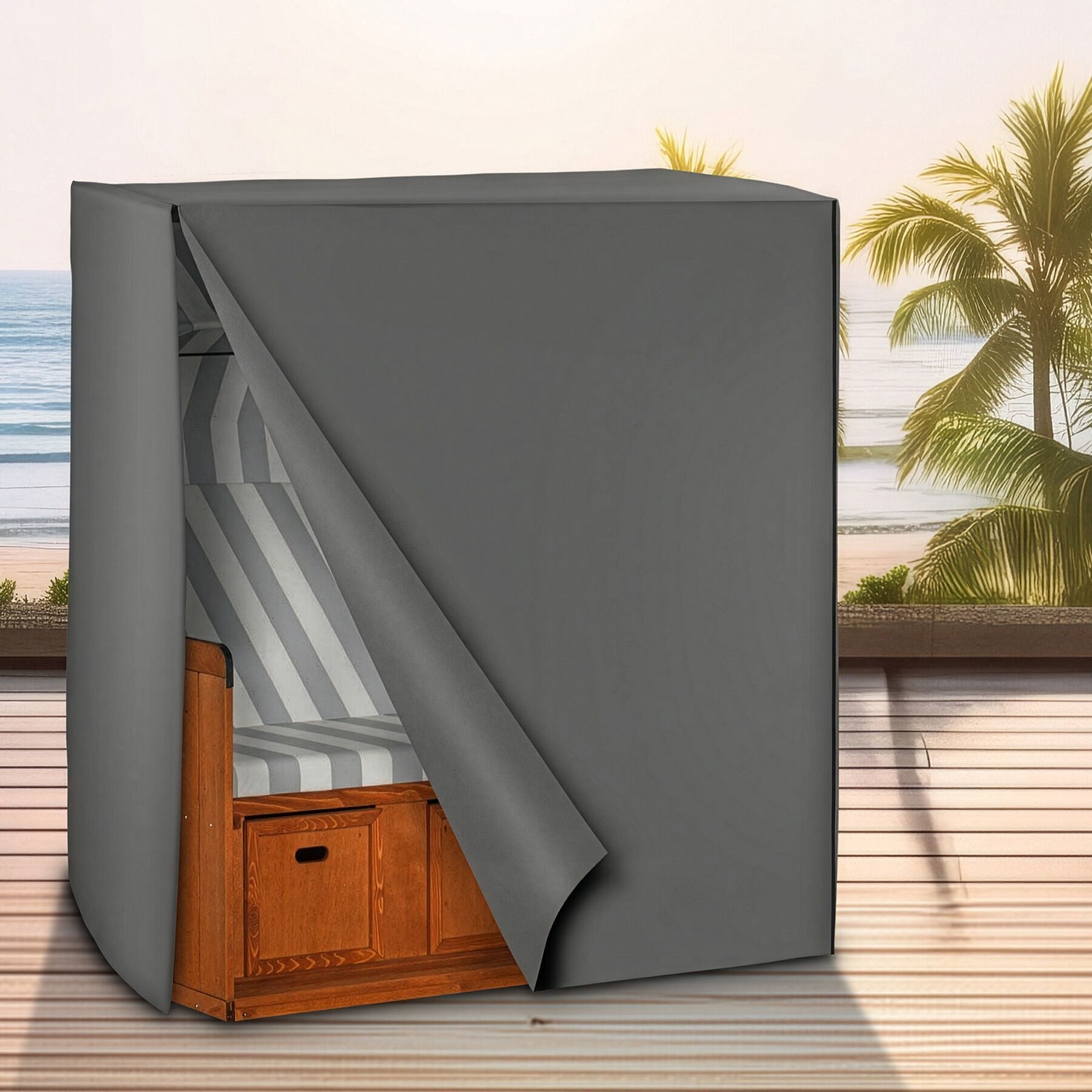 tectake Gartenmöbel-Schutzhülle Strandkorbhülle, Maße: 120 x 80 x 145 cm, mit 2 Reißverschlüssen (Outdoor-Abdeckhaube, in grau), Wasserabweisend, winddicht, reißfest, UV-beständig, pflegeleicht