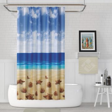 Ekershop Duschvorhang Textil Seesterne und Muscheln am Strand für Duschstange Breite 120 cm (inkl. Ringe), Höhe 200 cm, wasserabweisend, waschbar, bügelbar