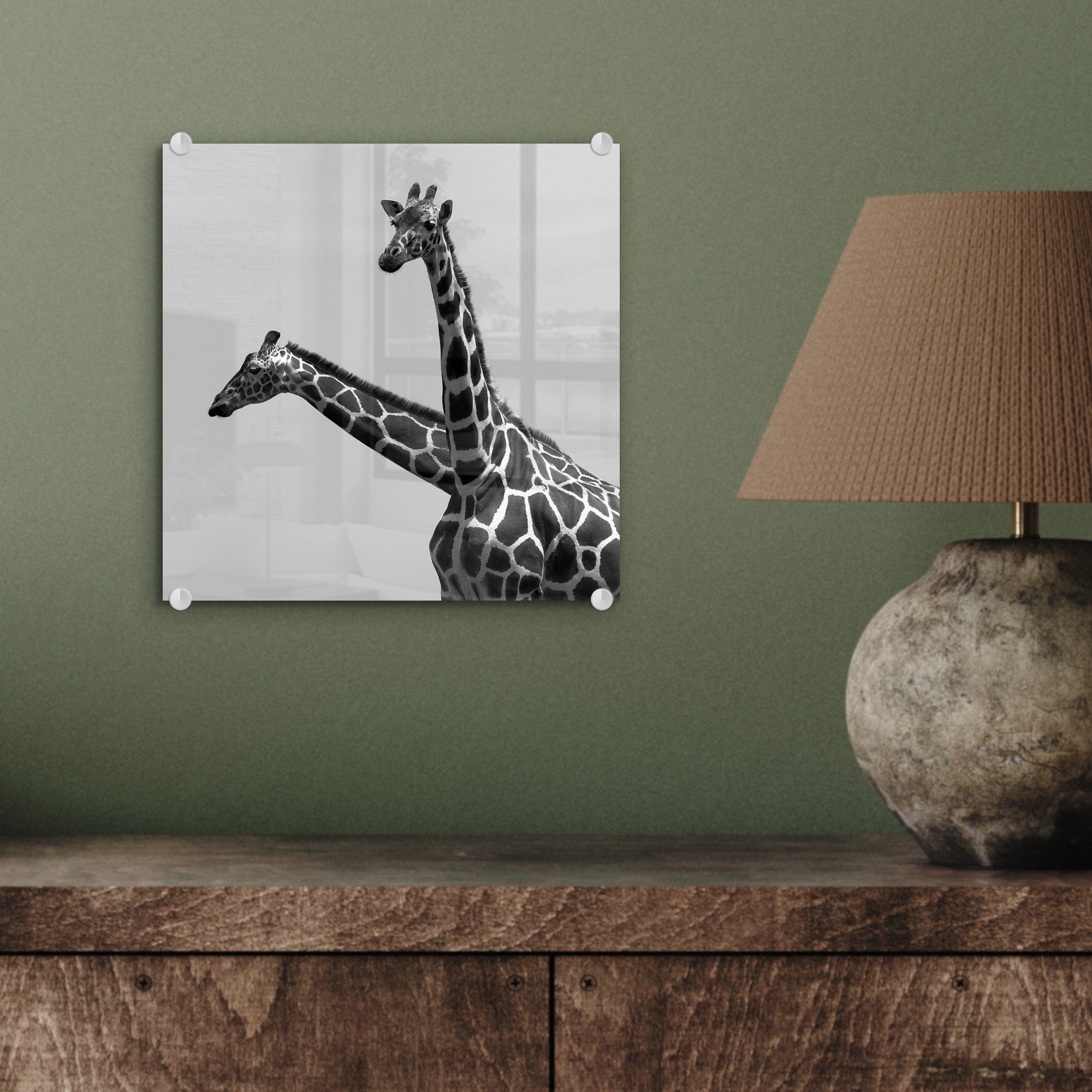 - Wanddekoration Schwarz Wandbild (1 Zwei auf und Weiß, Glas Glasbilder - Acrylglasbild MuchoWow Foto St), Giraffen in auf Bilder Glas -